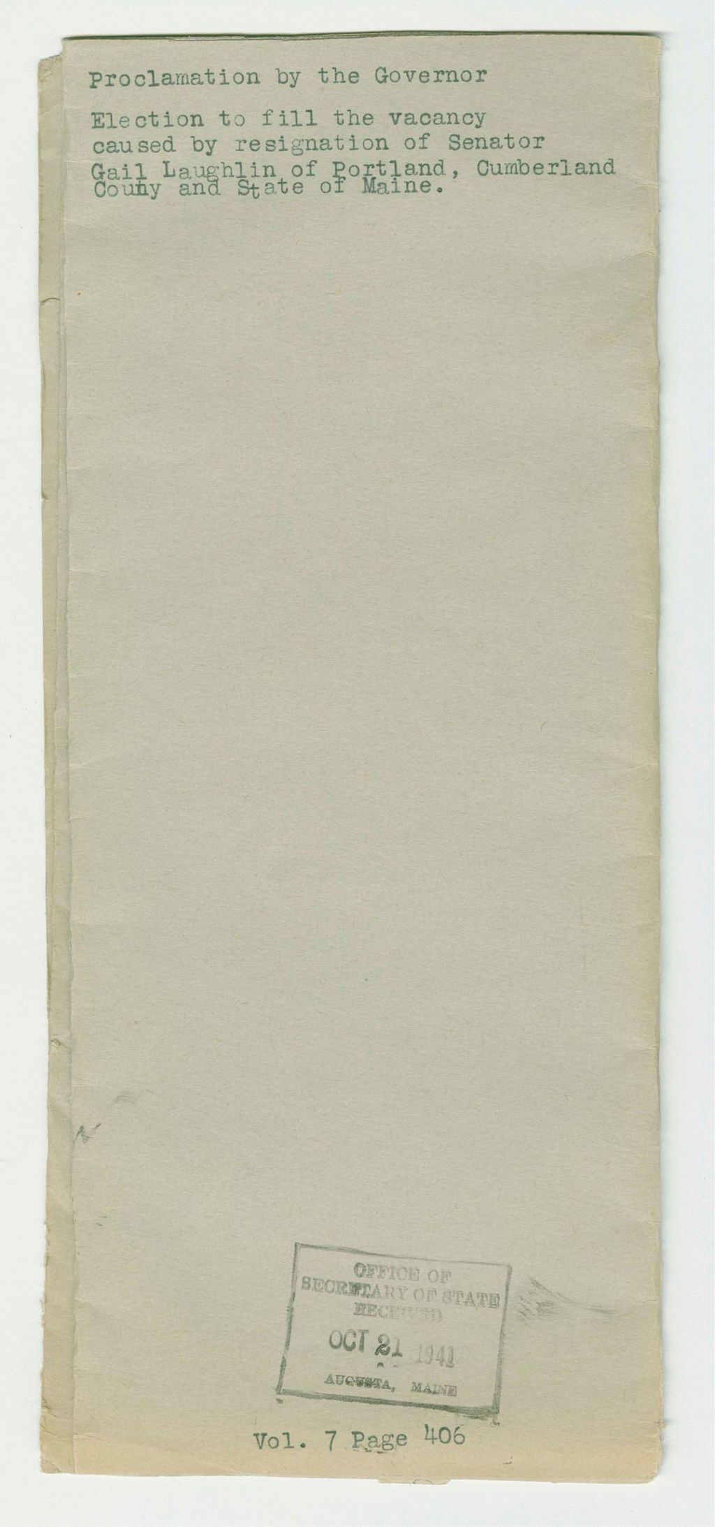 Miniature of Election to fill the vacancy caused by resignation of Senator Gail Laughlin of Portland, Cumberland County and State of Maine