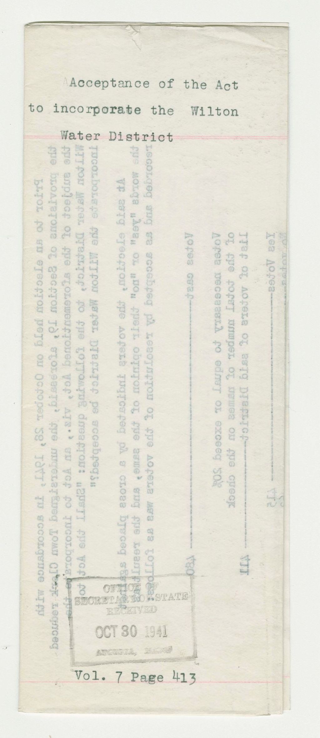 Miniature of Acceptance of the Act to incorporate the Wilton Water District