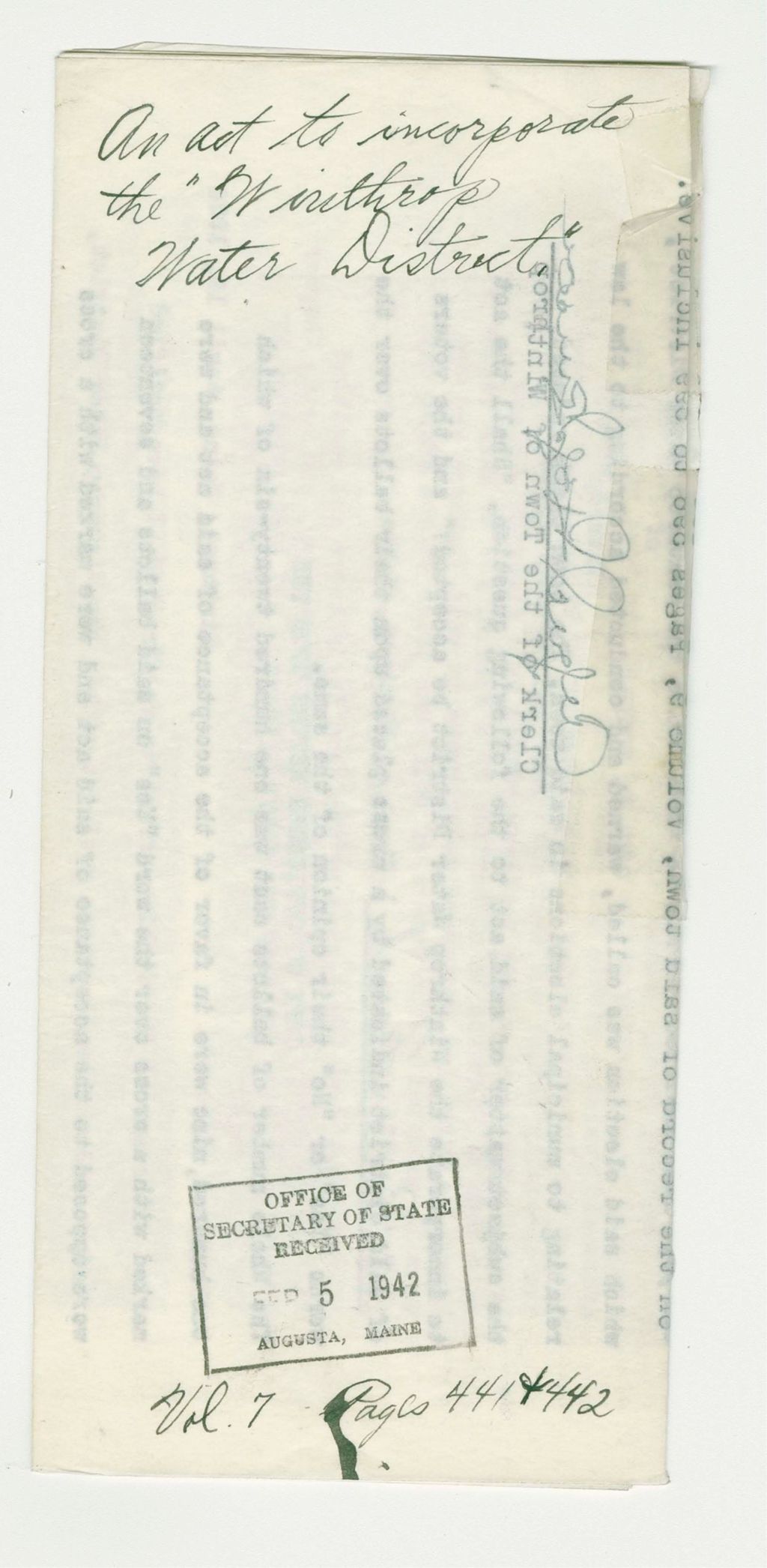Miniature of An Act to incorporate the Winthrop Water District