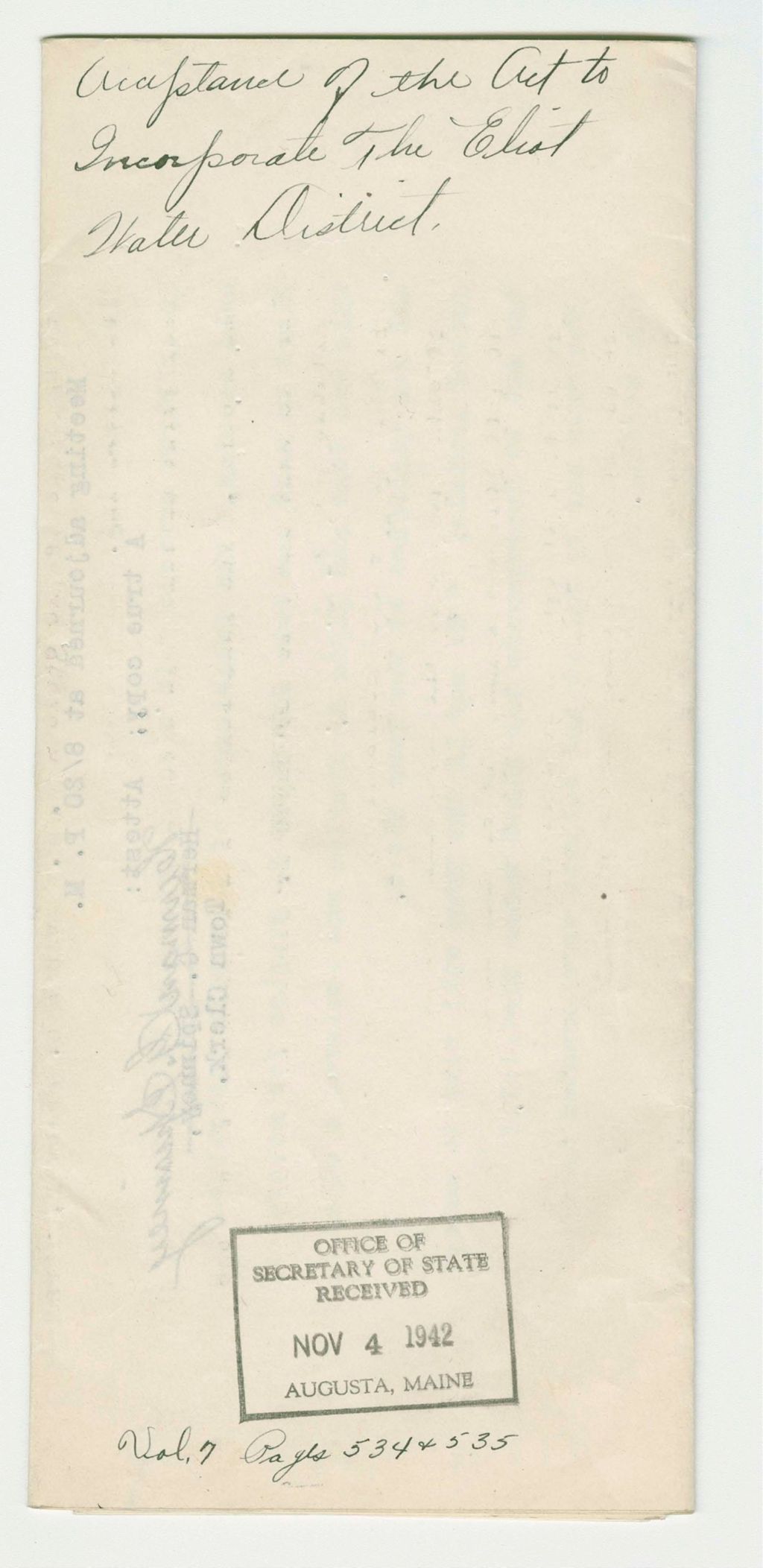 Miniature of Act to Incorporate the Eliot Water District