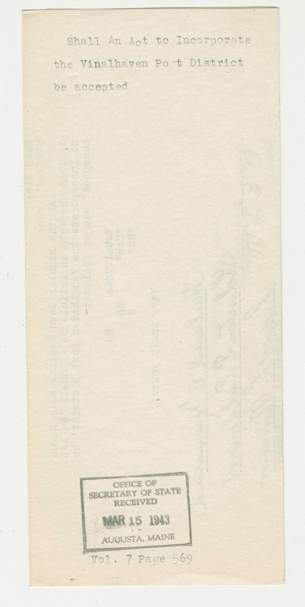 Miniature of Shall an Act to Incorporate the Vinalhaven Port District be accepted