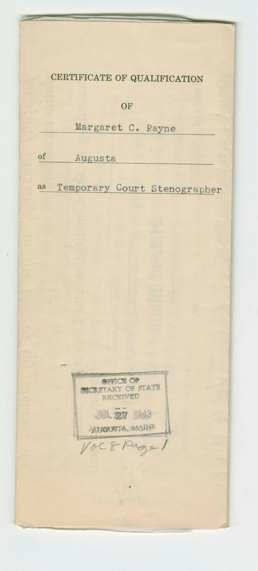 Miniature of Certificate of Qualification of Margaret C. Payne of Augusta as Temporary Court Stenographer