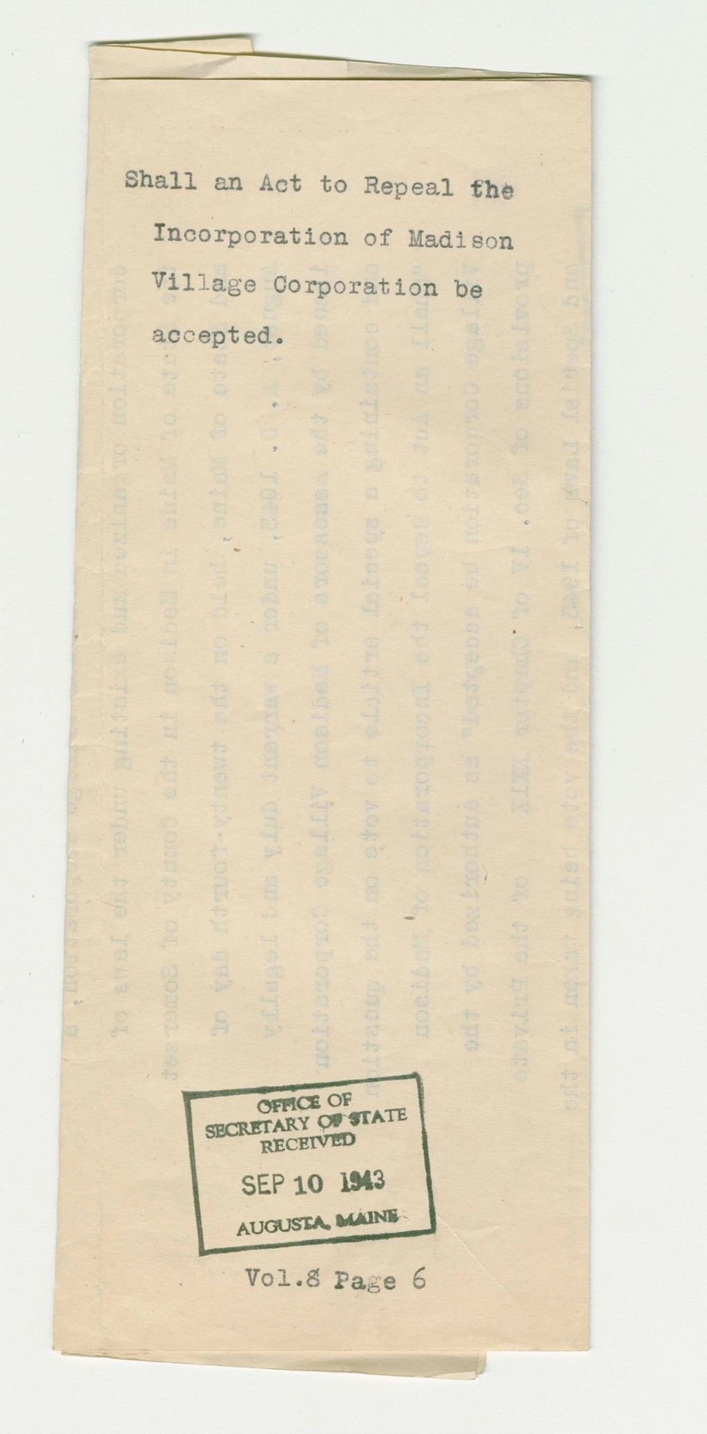 Miniature of Shall an Act to Repeal the Incorporation of Madison Village Corporation be accepted