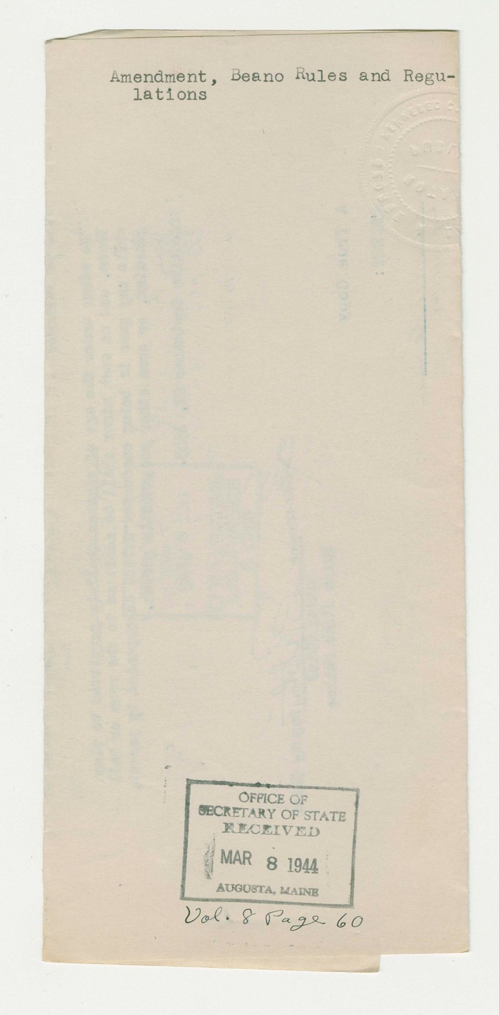 Miniature of Amendment-Beano Rules and Regulations