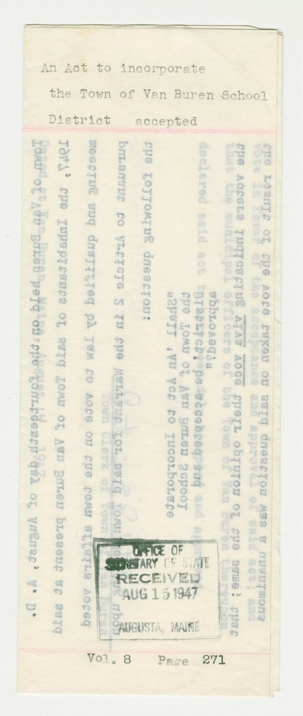 Miniature of An Act to incorporate the Town of Van Buren School District