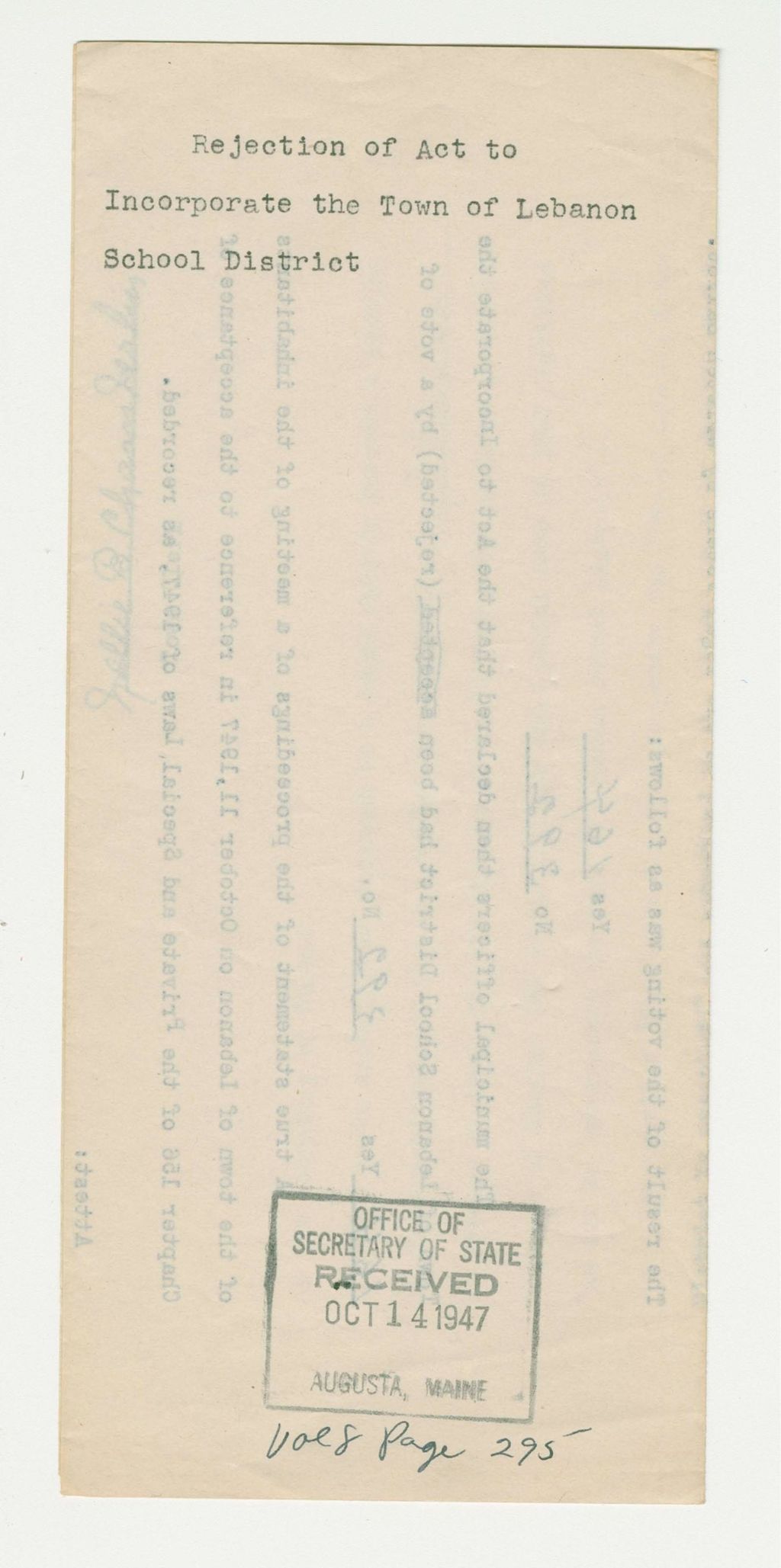 Miniature of Rejection of Act to Incorporate the Town of Lebanon School District