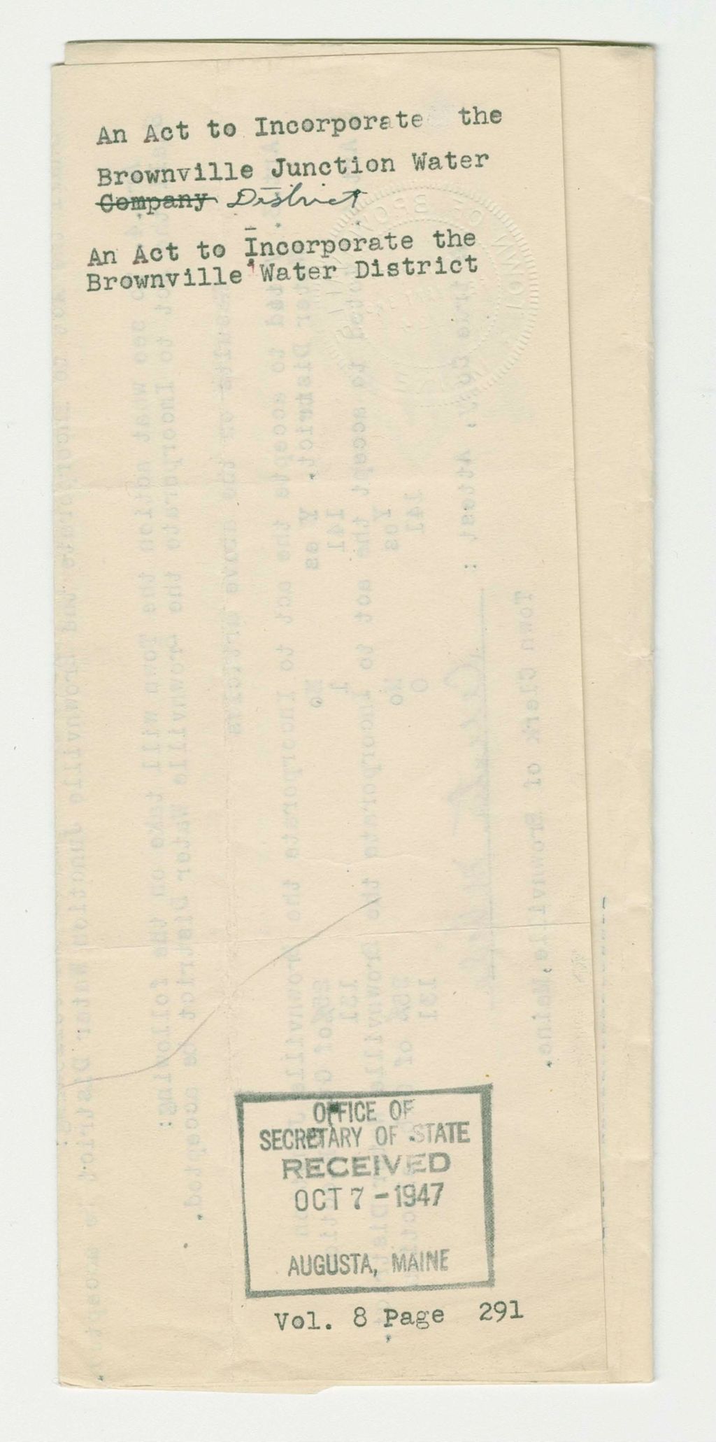 Miniature of An Act to Incorporate the Brownville Water District