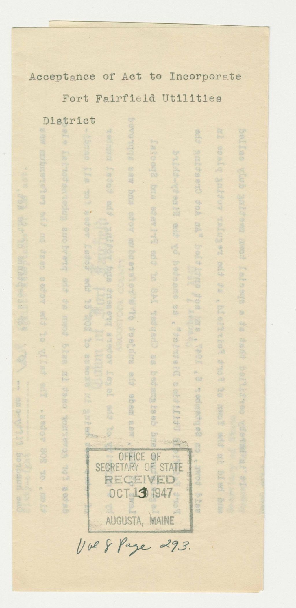 Miniature of Acceptance of Act to Incorporate Fort Fairfield Utilities District