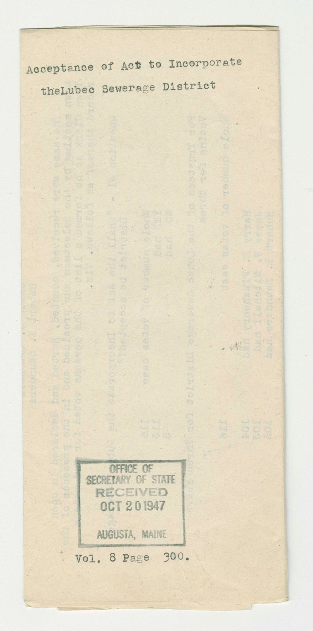 Miniature of Acceptance of Act to Incorporate the Lubec Sewerage District
