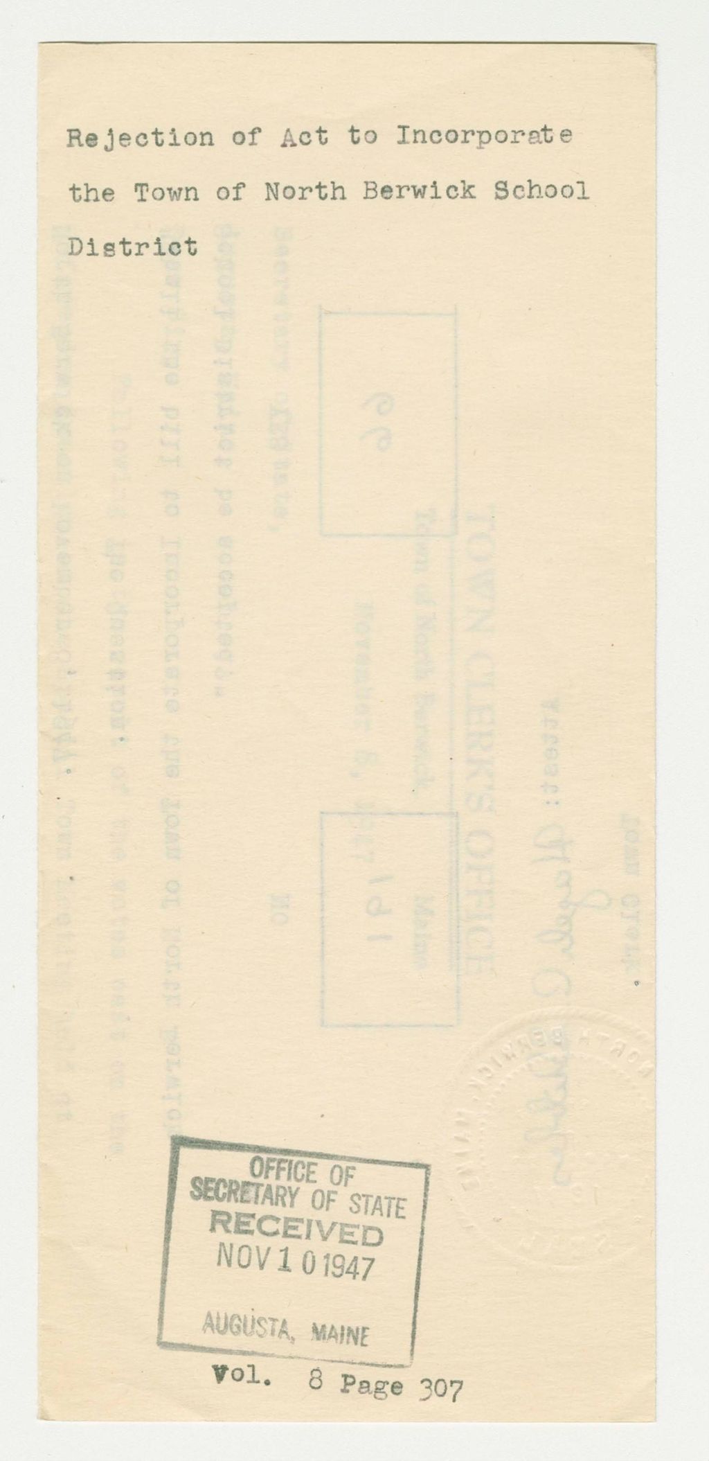 Miniature of Rejection of Act to Incorporate the Town of North Berwick School District