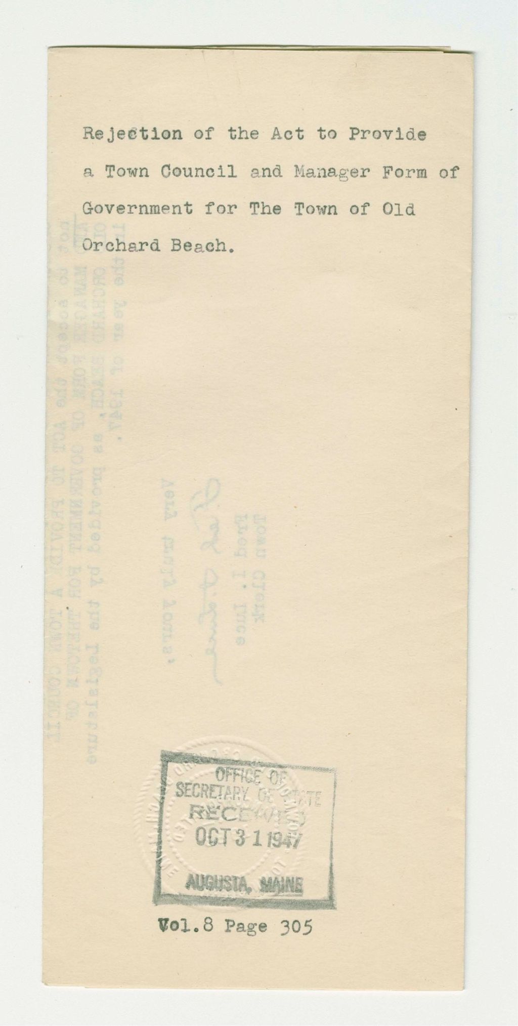 Miniature of Rejection of the Act to Provide a Town Council and Manager Form of Government for the Town of Old Orchard Beach
