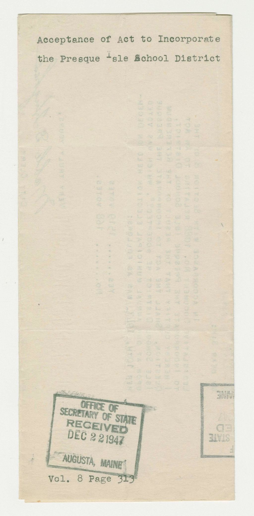 Miniature of Acceptance of Act to Incoporate the Presque Isle School District