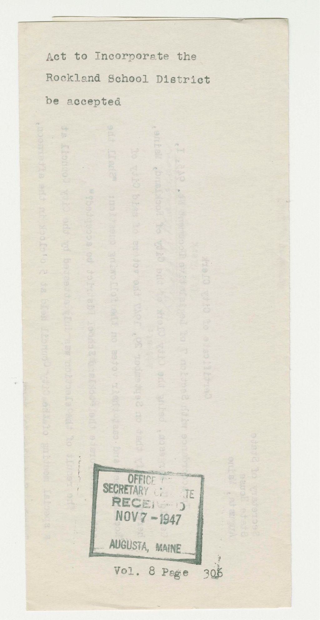 Miniature of Act to Incoporate the Rockland School District be Accepted