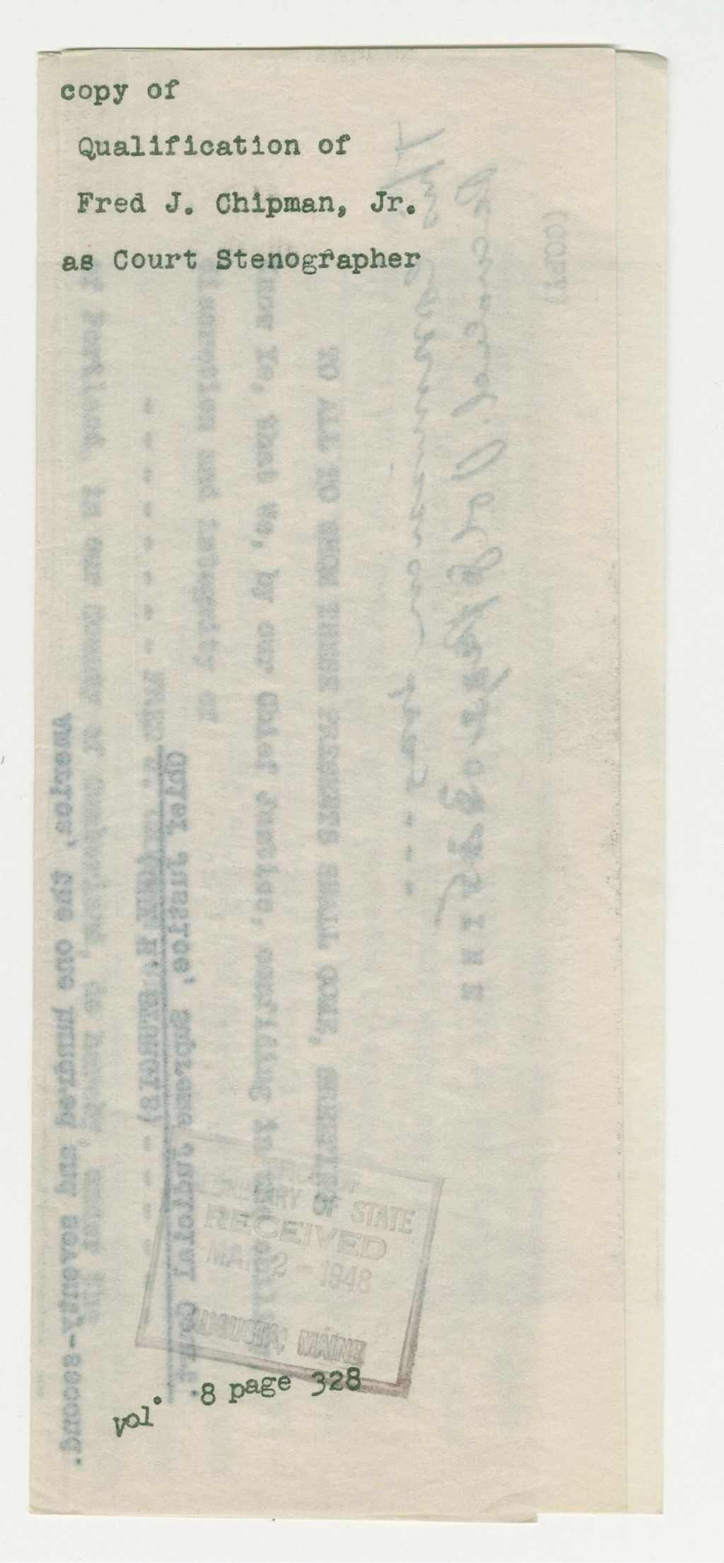 Miniature of Qualification of Fred J. Chipman Jr. as Court Stenographer