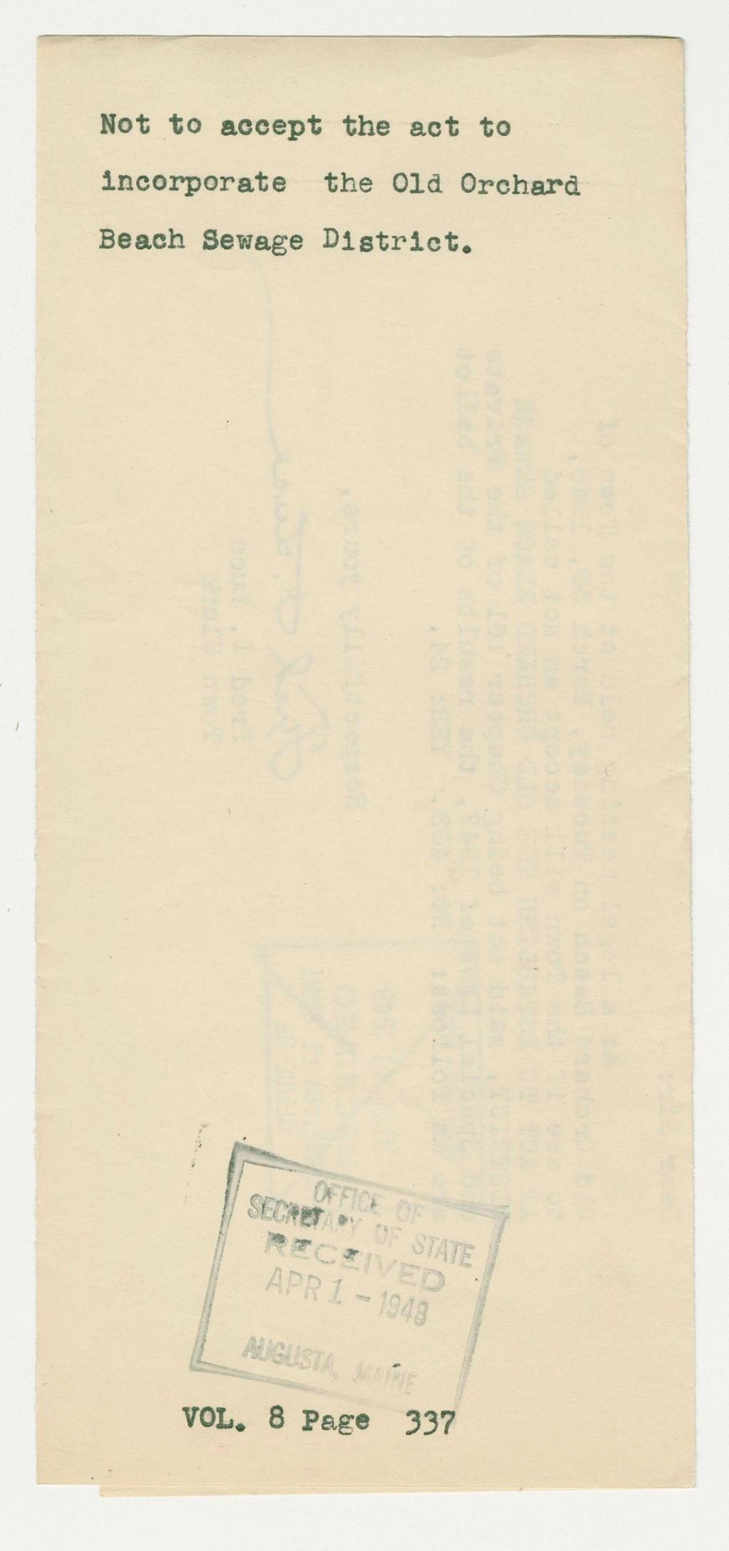 Miniature of Not to accept the act to incoporate the Old Orchard Beach Sewage District
