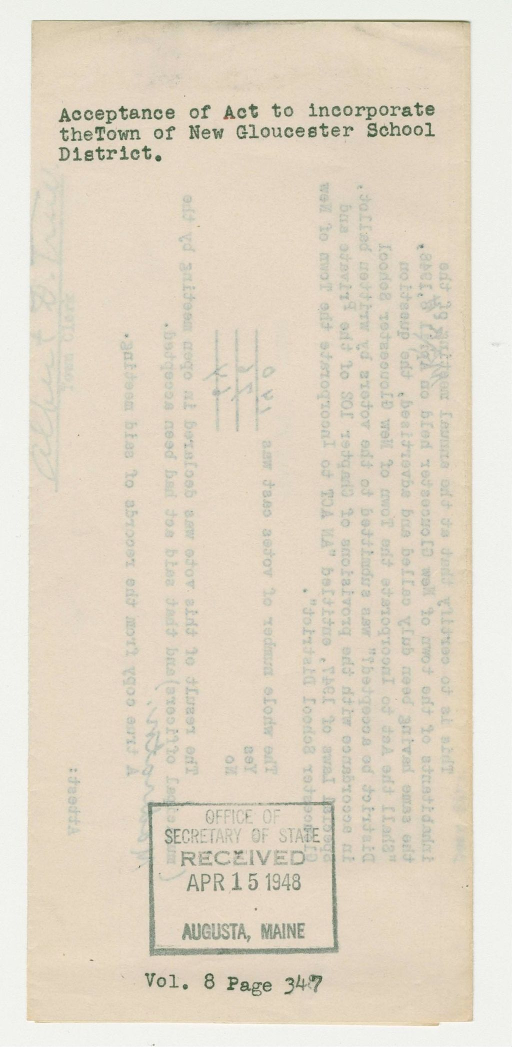 Miniature of Acceptance of Act to incorporate the Town of New Gloucester School District