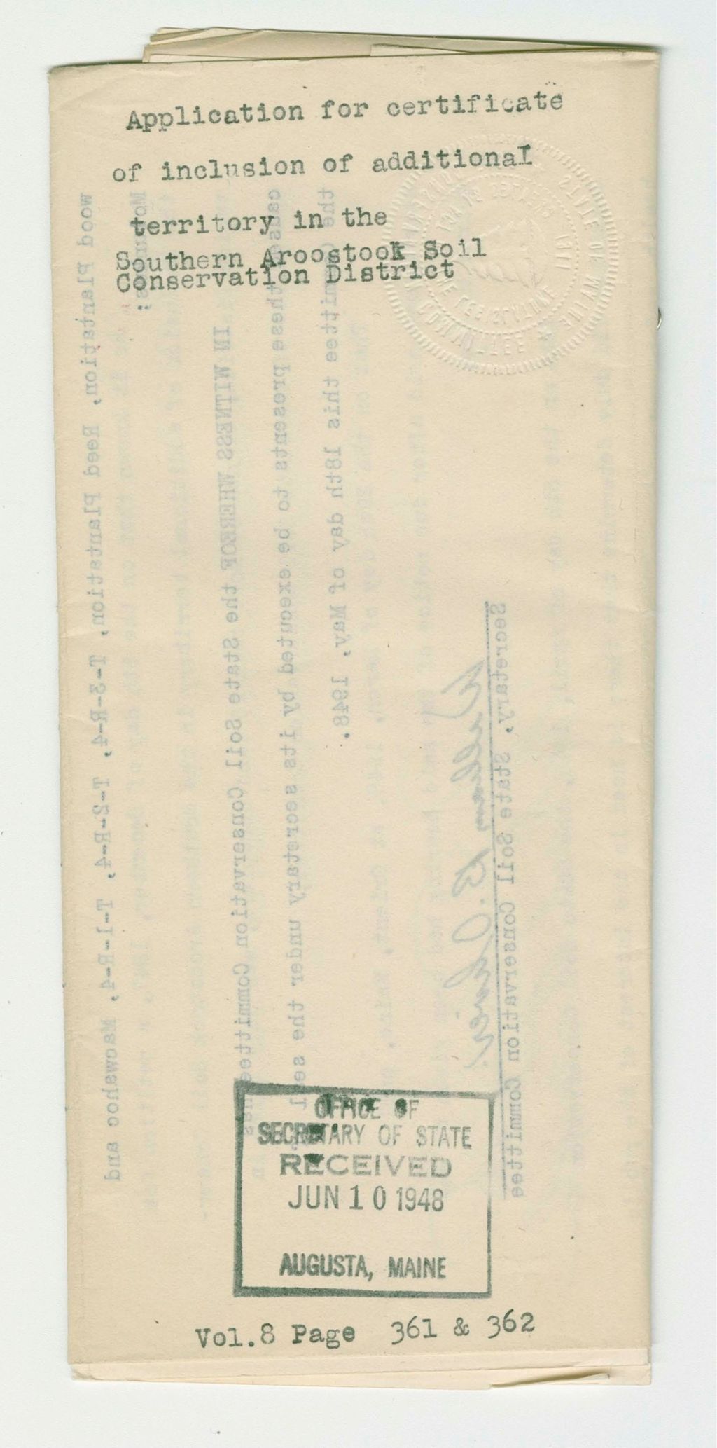 Miniature of Application for certificate of inclusion of additional territory in the Southern Aroostook Soil Conservation District