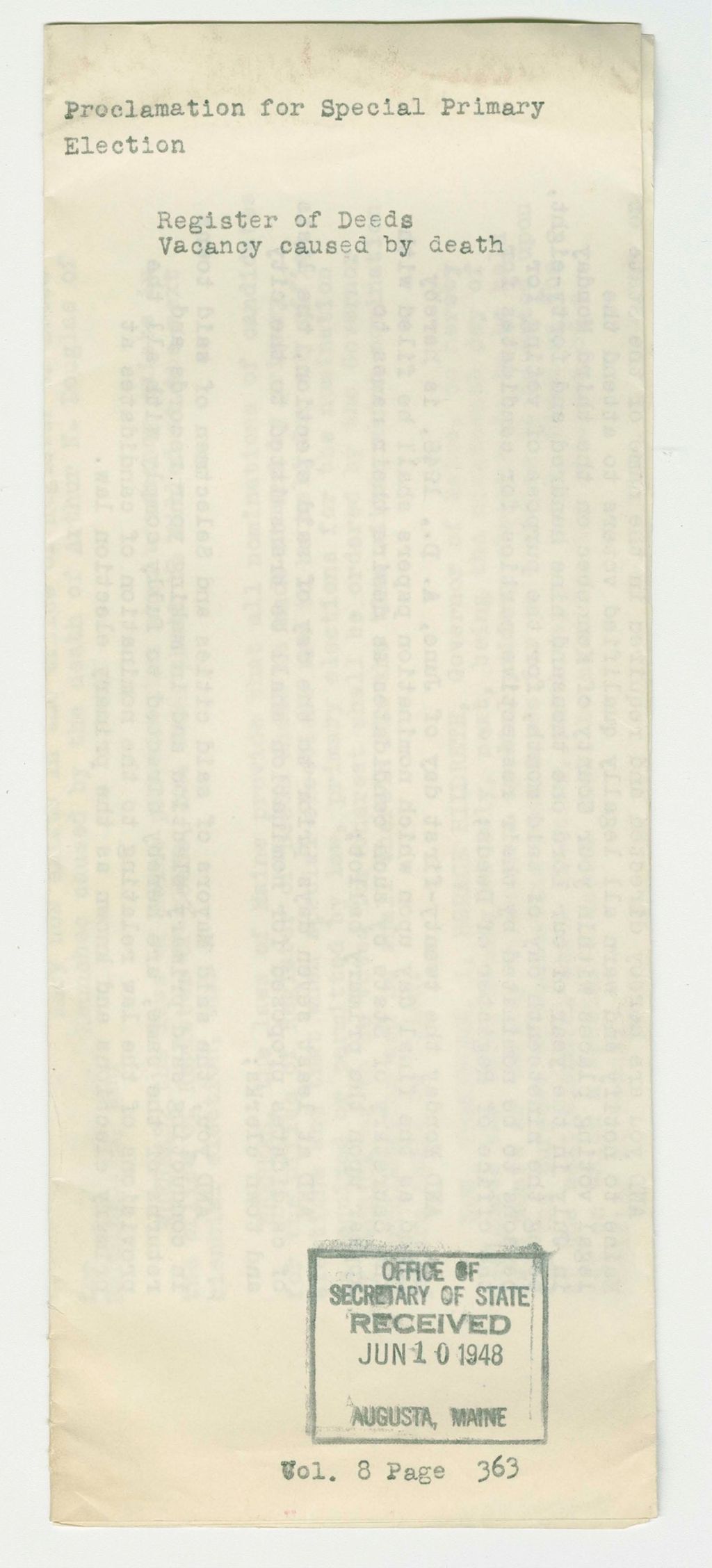 Miniature of Proclamation for Special Primary Election