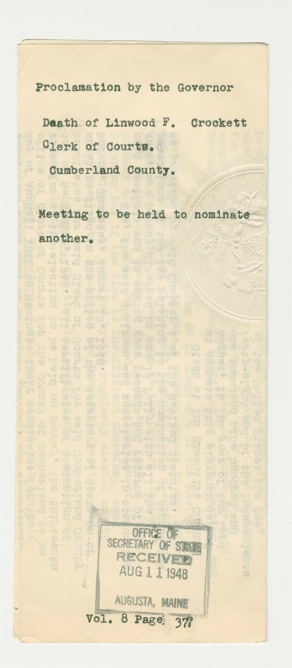 Miniature of Proclamation of Death of Linwood F. Crockett Clerk of Courts, Cumberland County