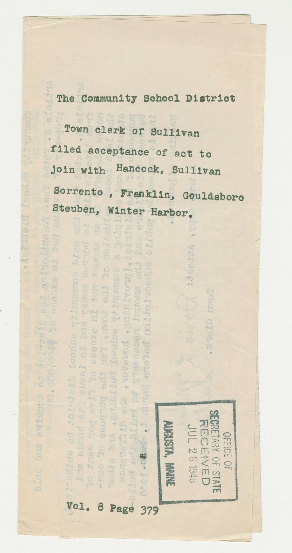 Miniature of The Community School District; Town clerk of Sullivan filed acceptance of act to join with Hancock, Sullivan, Sorrento, Franklin, Gouldsboro, Steuben, Winter Harbor