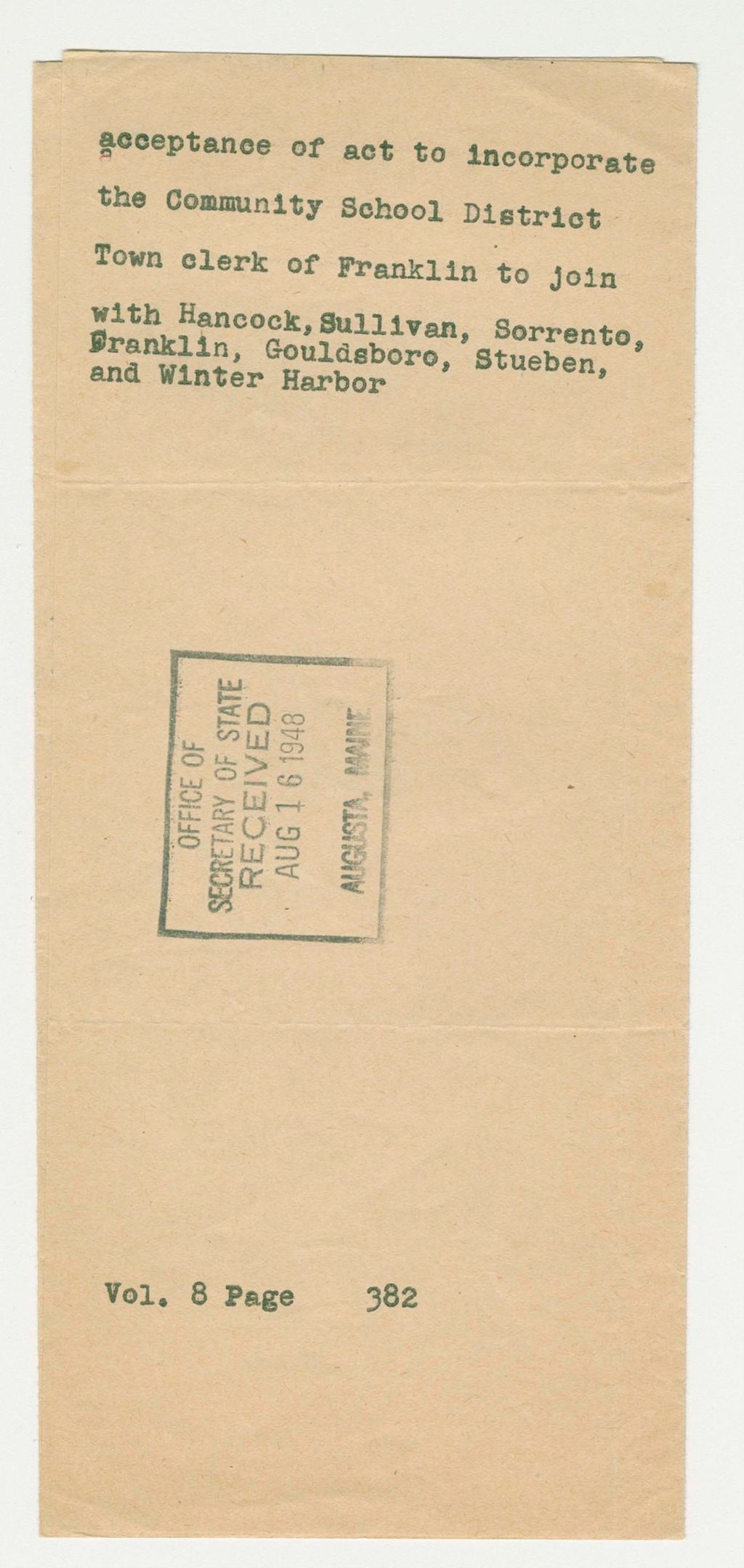 Miniature of Acceptance of act to incorporate the Community School District Town clerk of Franklin to join with Hancock, Sullivan, Sorrento, Gouldsboro, Stueben, and Winter Harbor