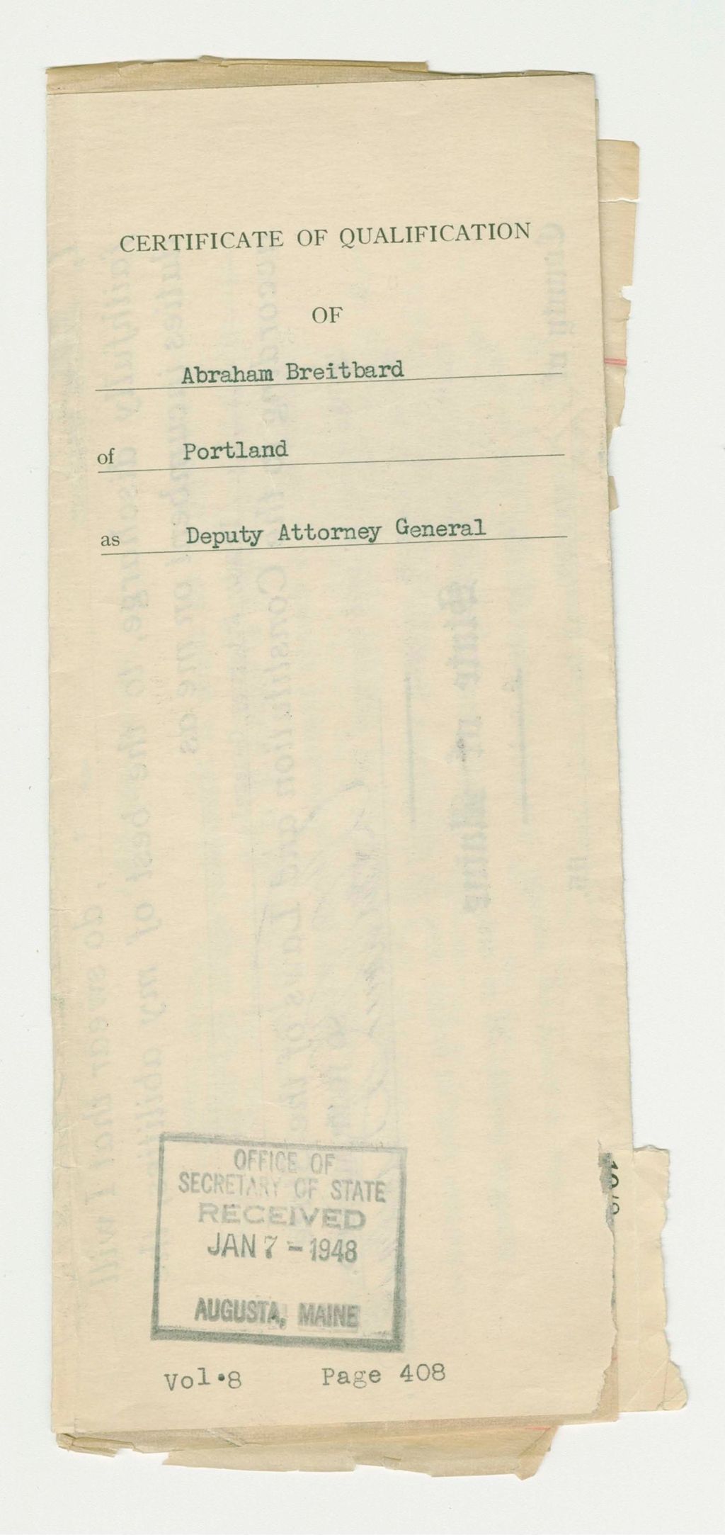 Miniature of Certificate of Qualification of Abraham Breitbard of Portland as Deputy Attorney General