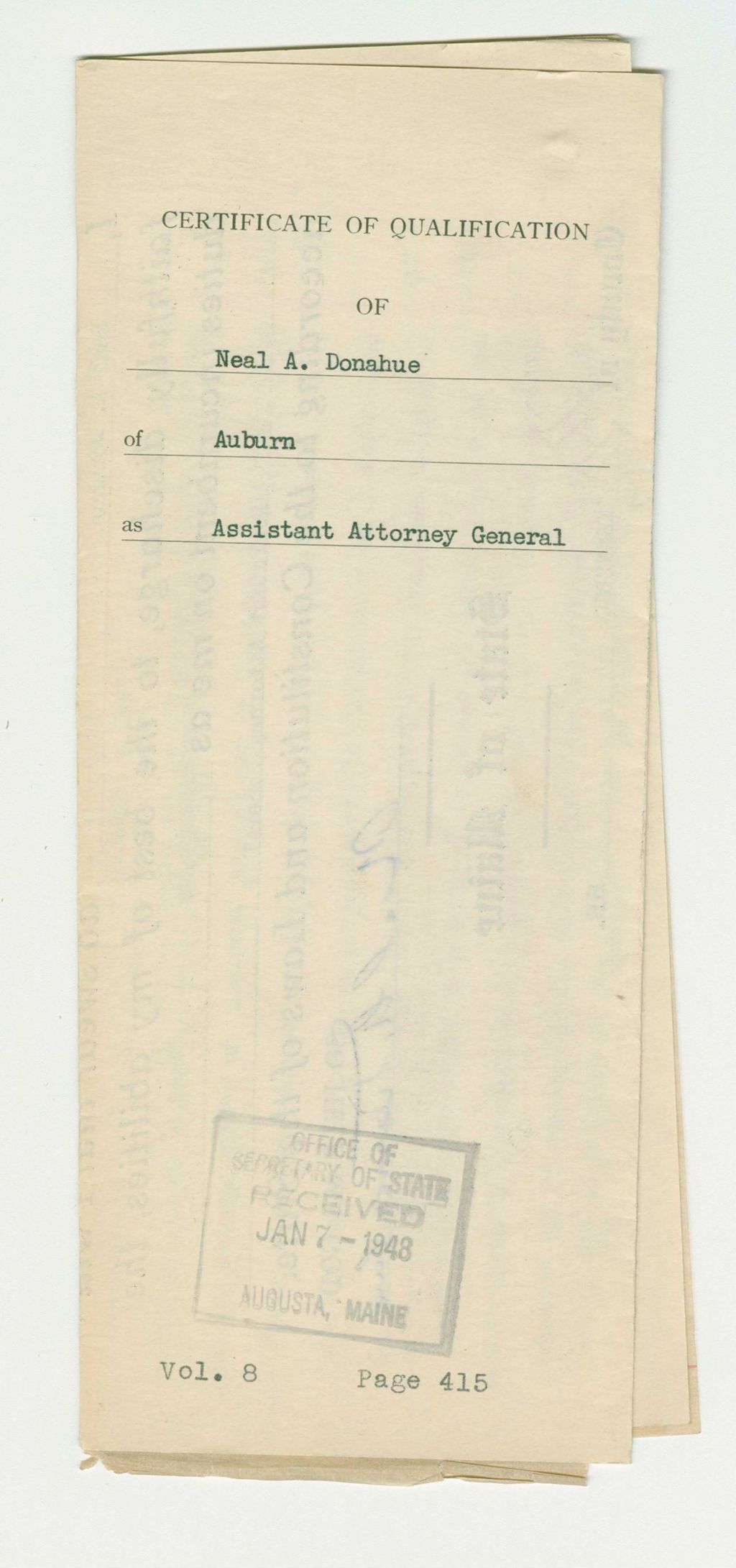 Miniature of Certificate of Qualification of Neal A. Donahue of Auburn as Assistant Attorney General