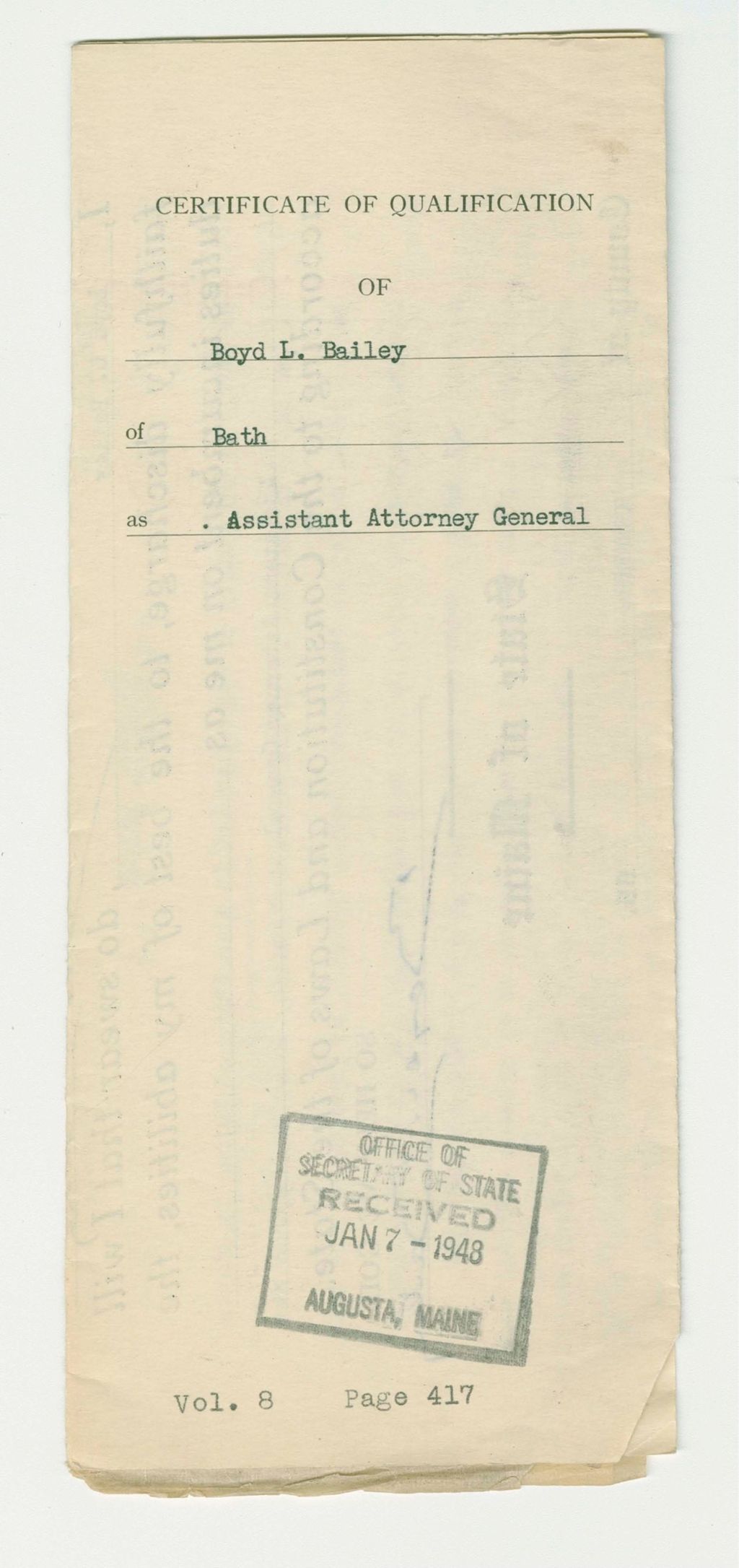 Miniature of Certificate of Qualification of Boyd L. Bailey of Bath as Assistant Attorney General