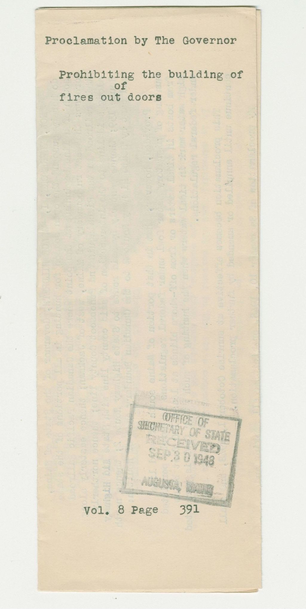 Miniature of Proclamation Prohibiting the building of fires out of doors