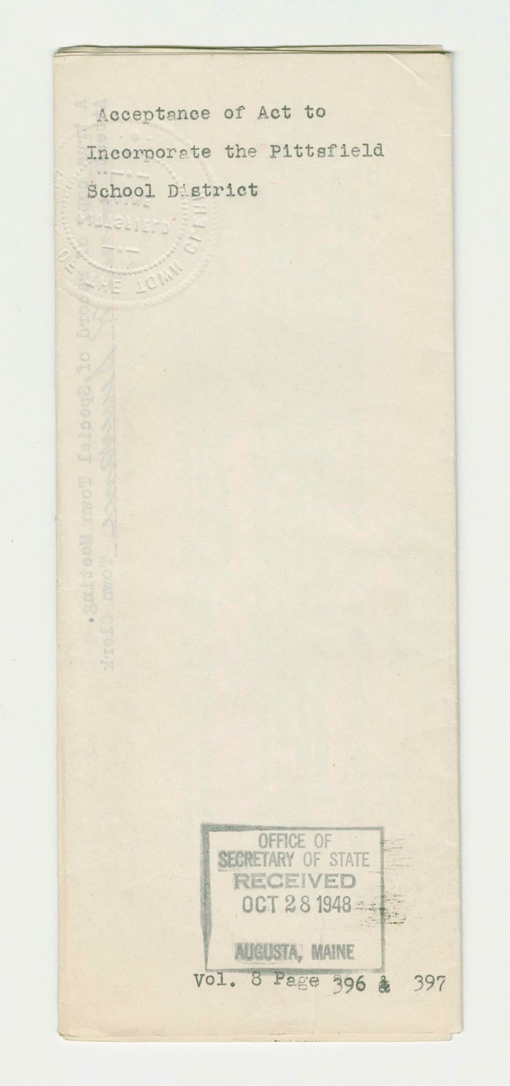 Miniature of Acceptance of Act to Incorporate the Pittsfield School District