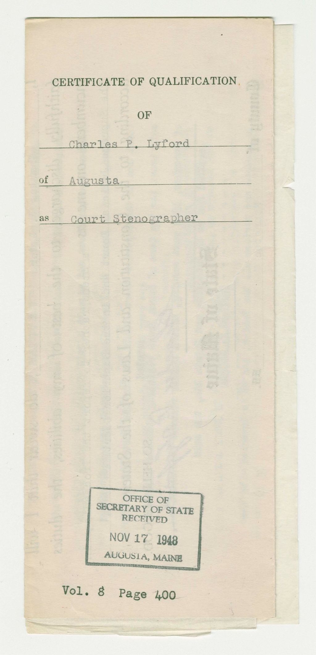 Miniature of Certificate of Qualification of Charles P. Lyford of Augusta as Court Stenographer