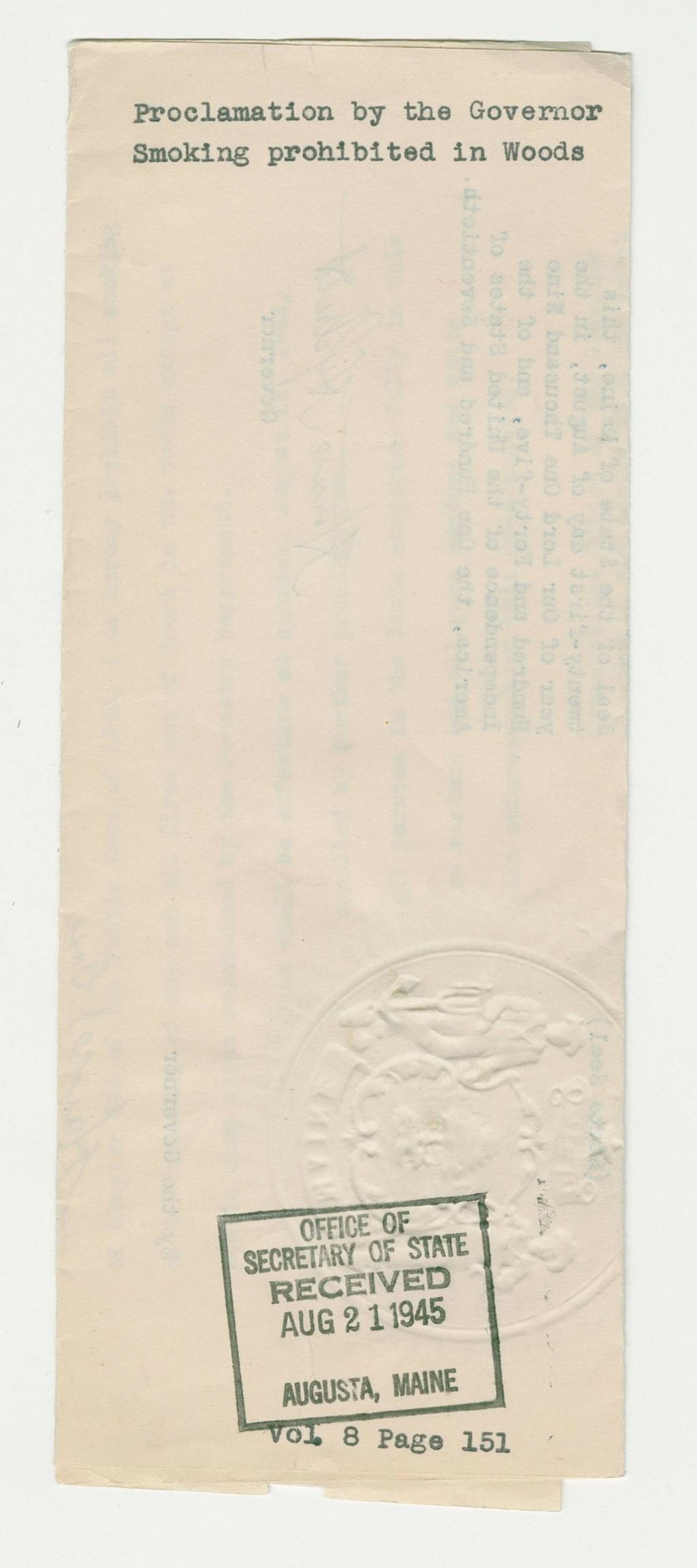Miniature of Proclamation by the Governor Smoking prohibited in Woods