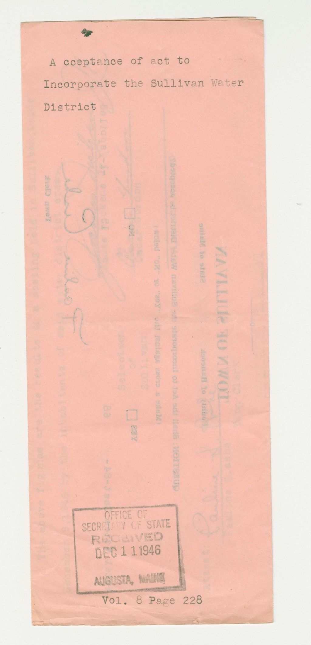 Miniature of Acceptance of act to Incorporate the Sullivan Water District