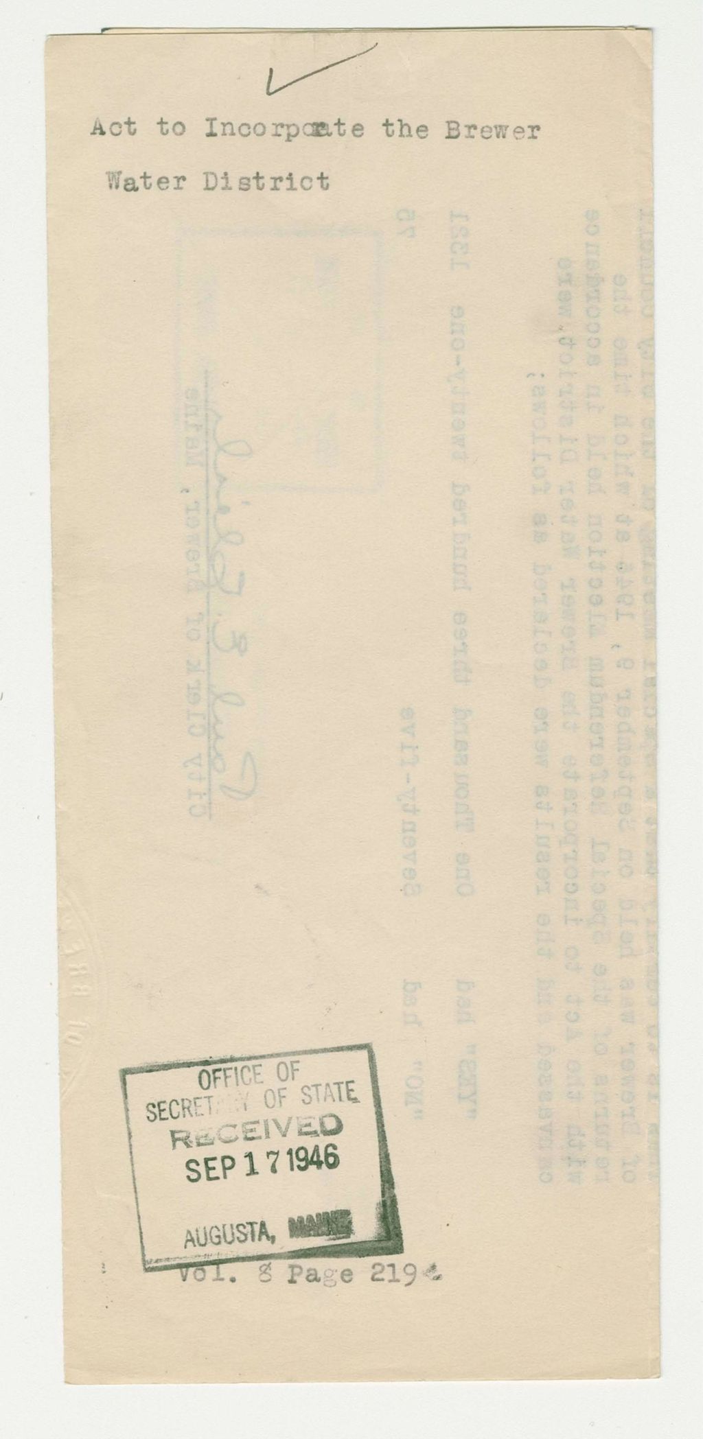 Miniature of Act to Incorporate the Brewer Water District