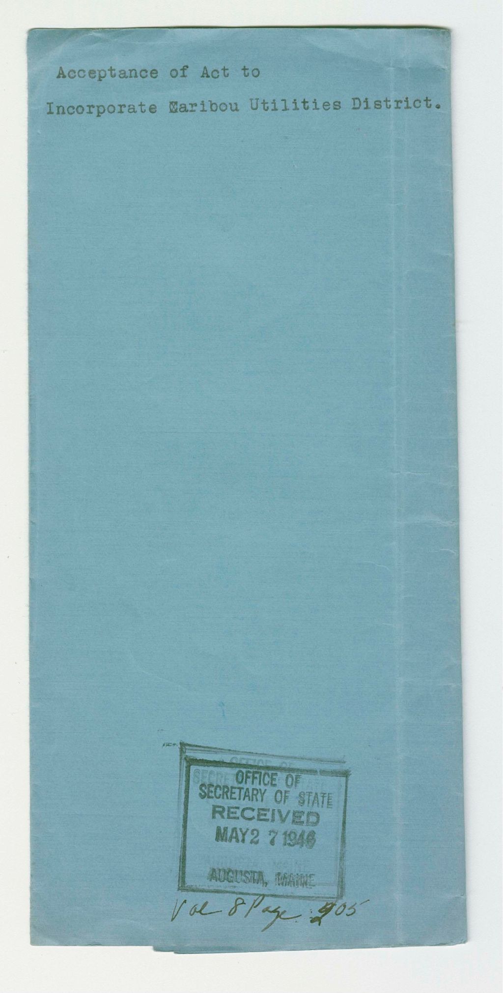 Miniature of Acceptance of Act to Incorporate Caribou Utilities District