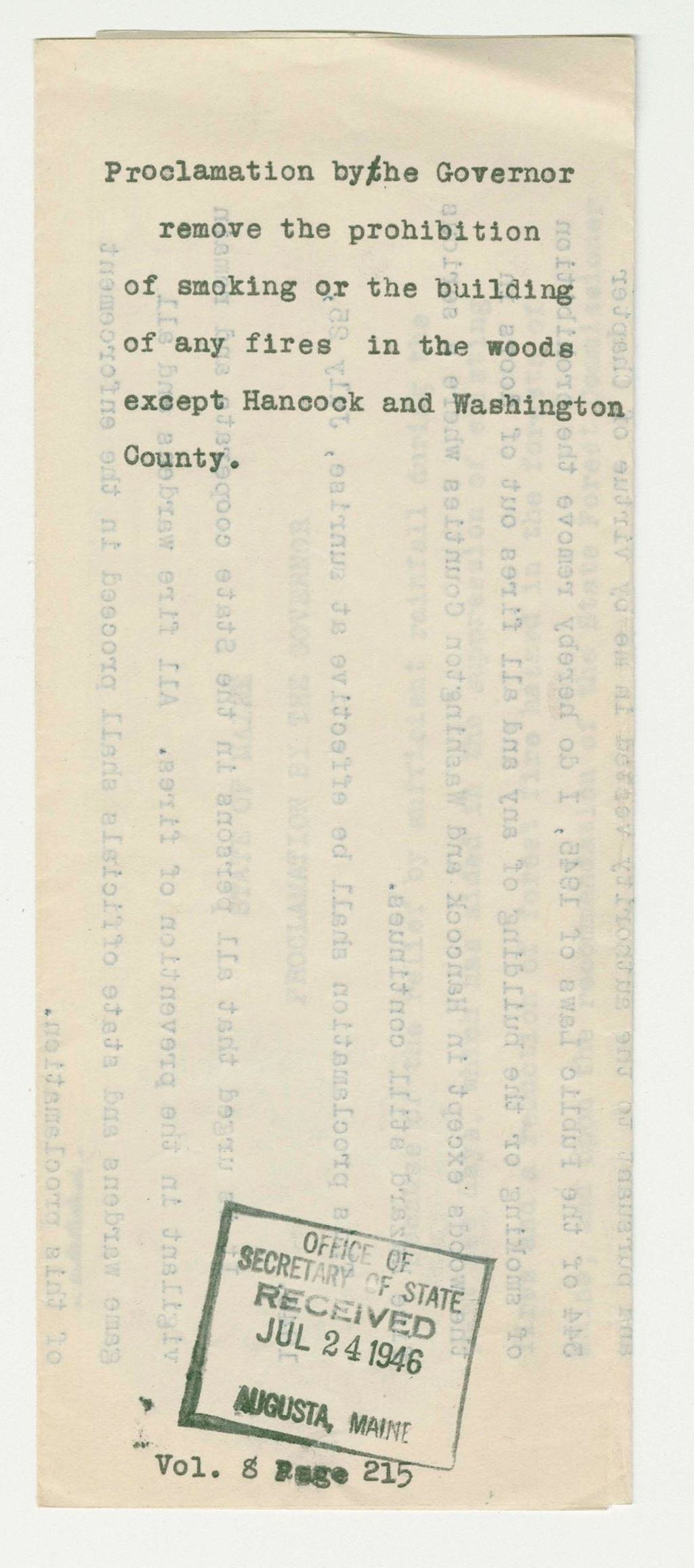Miniature of Remove the prohibition of smoking or the building of any fires in the woods except Hancock and Washington County