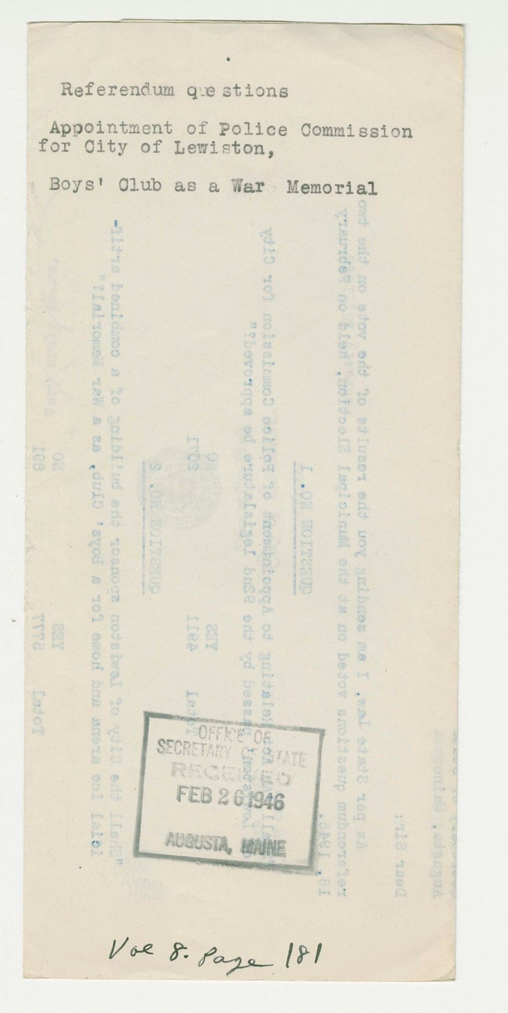 Miniature of Referendum questions: Appointment of Police Commission for City of Lewiston, Boys' Club as a War Memorial