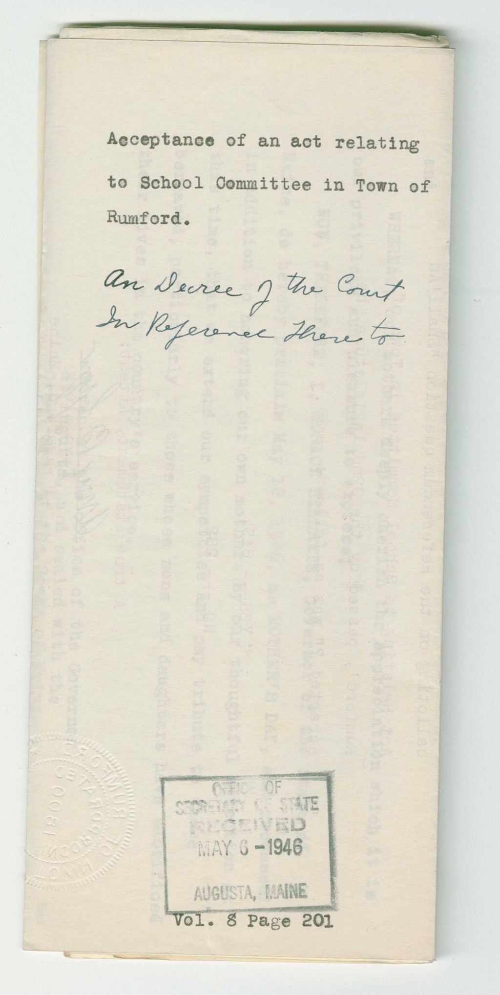 Miniature of Acceptance of an act relating to School Committee in Town of Rumford