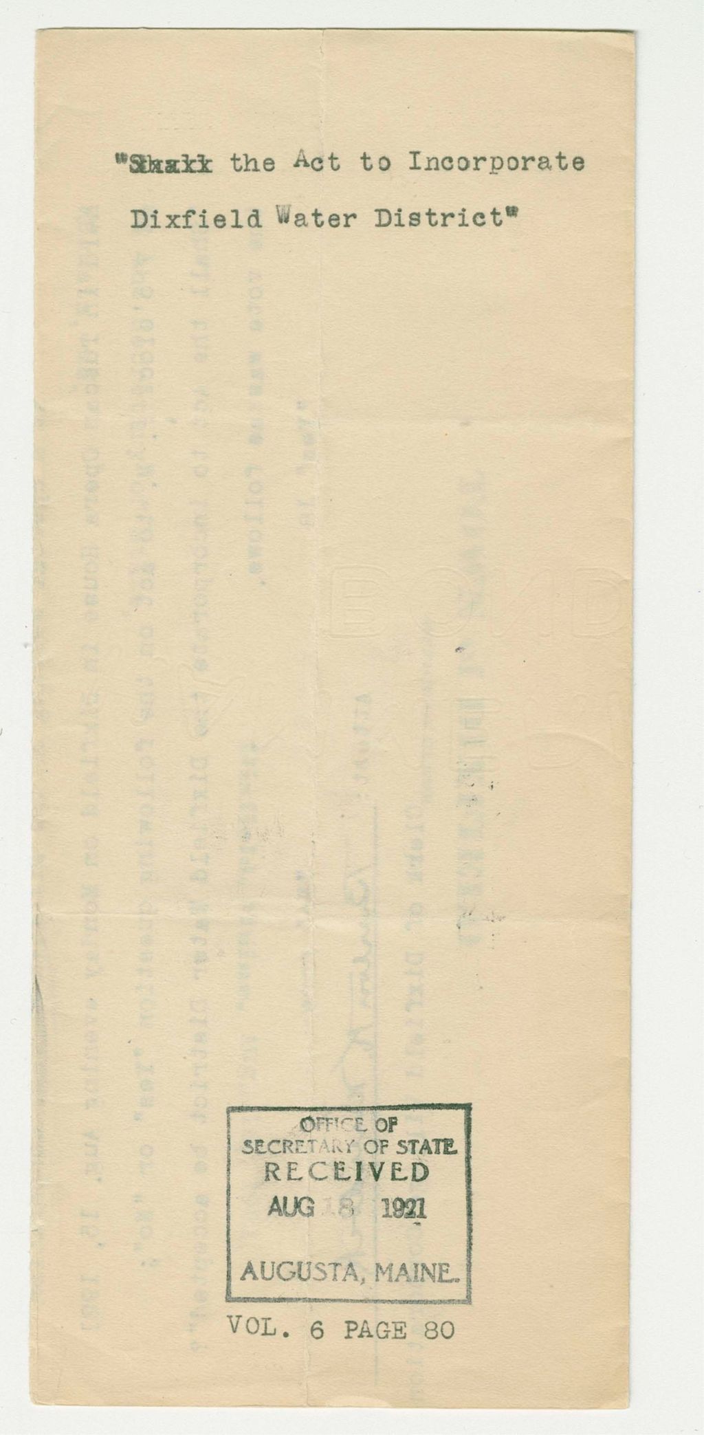 Miniature of "The Act to Incorporate Dixfield Water District"