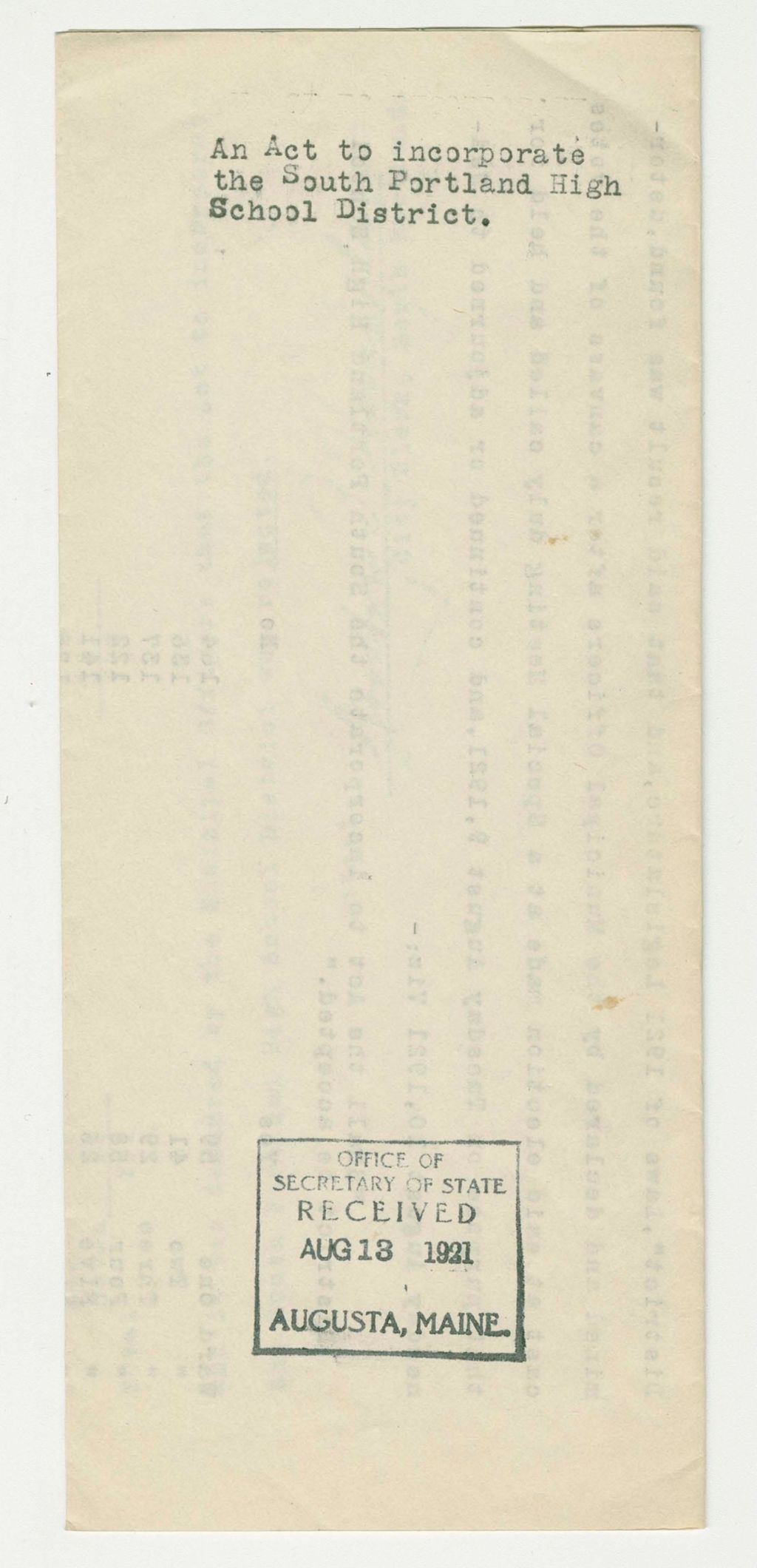 Miniature of An Act to Incorporate the South Portland High School District