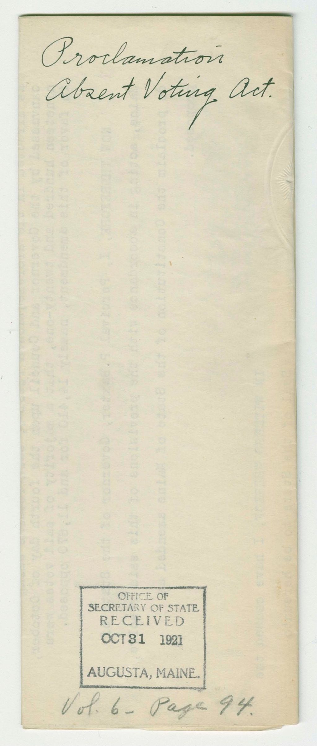 Miniature of Absent Voting Act Proclamation
