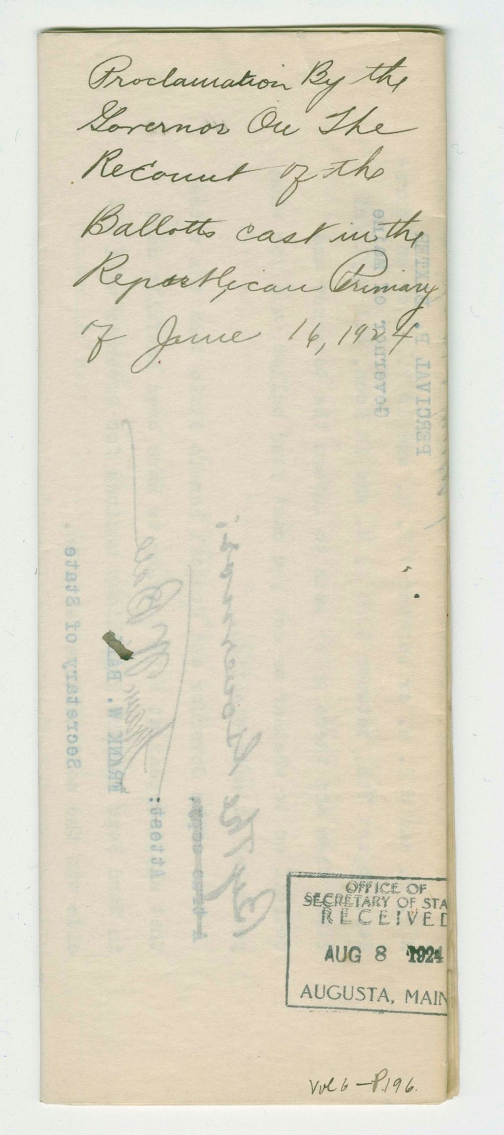 Miniature of Proclamation by the Governor on the Recount of the Ballots Cast in the Republican Primary of June 16, 1924