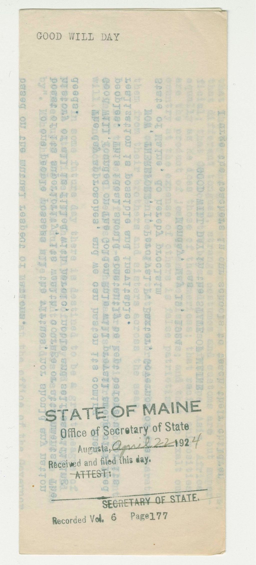 Miniature of Good Will Day Proclamation