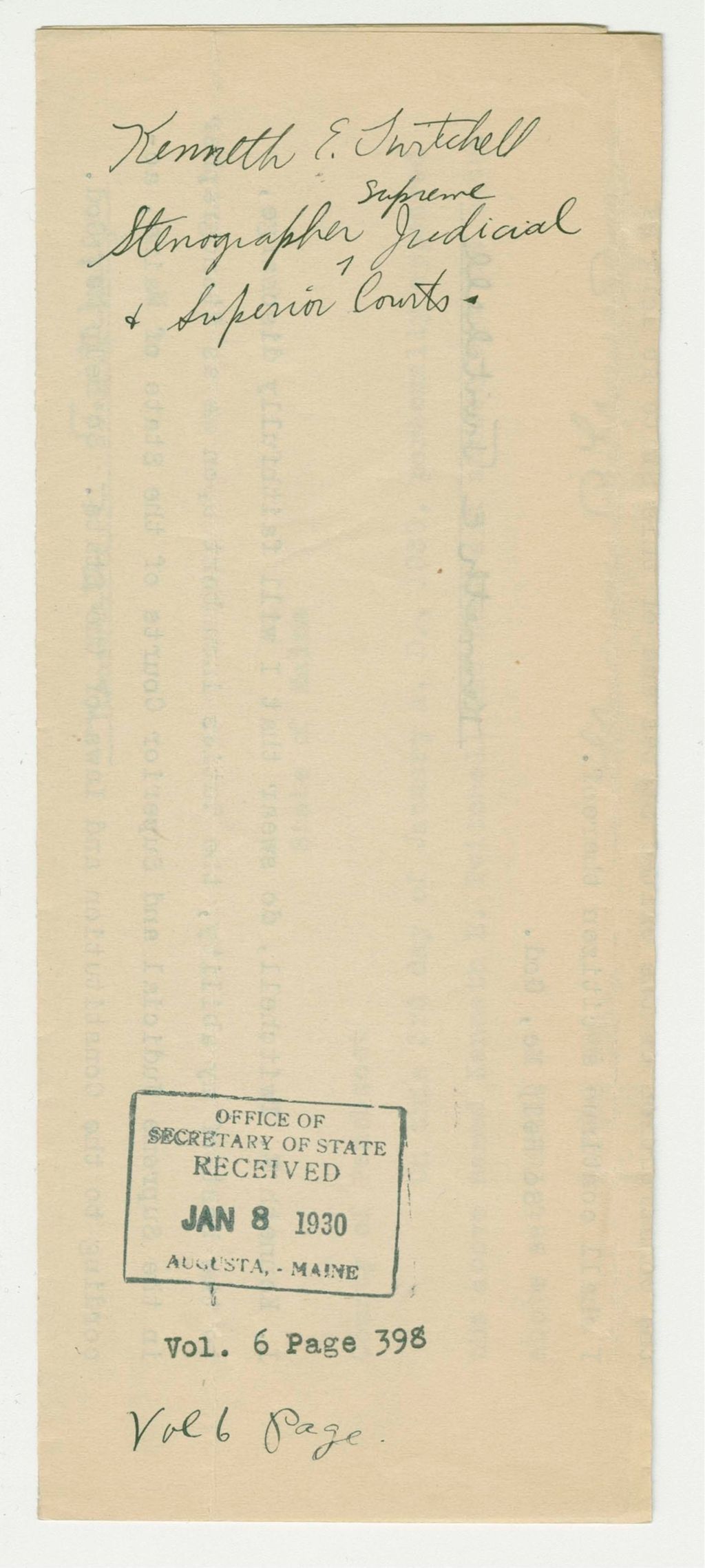 Miniature of Kenneth E. Twitchell Stenographer Supreme Judicial and Superior Courts