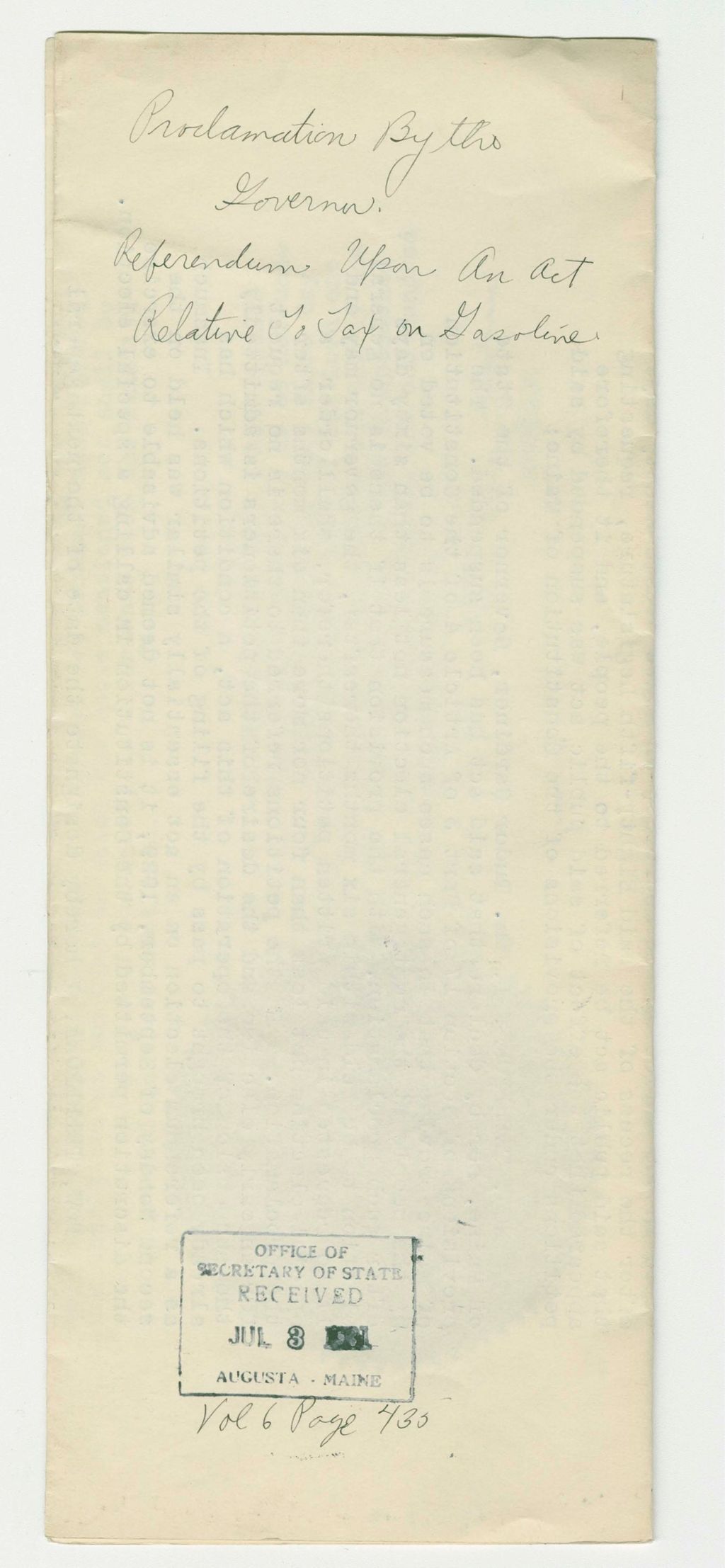 Miniature of Referendum Upon An Act Relative to Tax on Gasoline