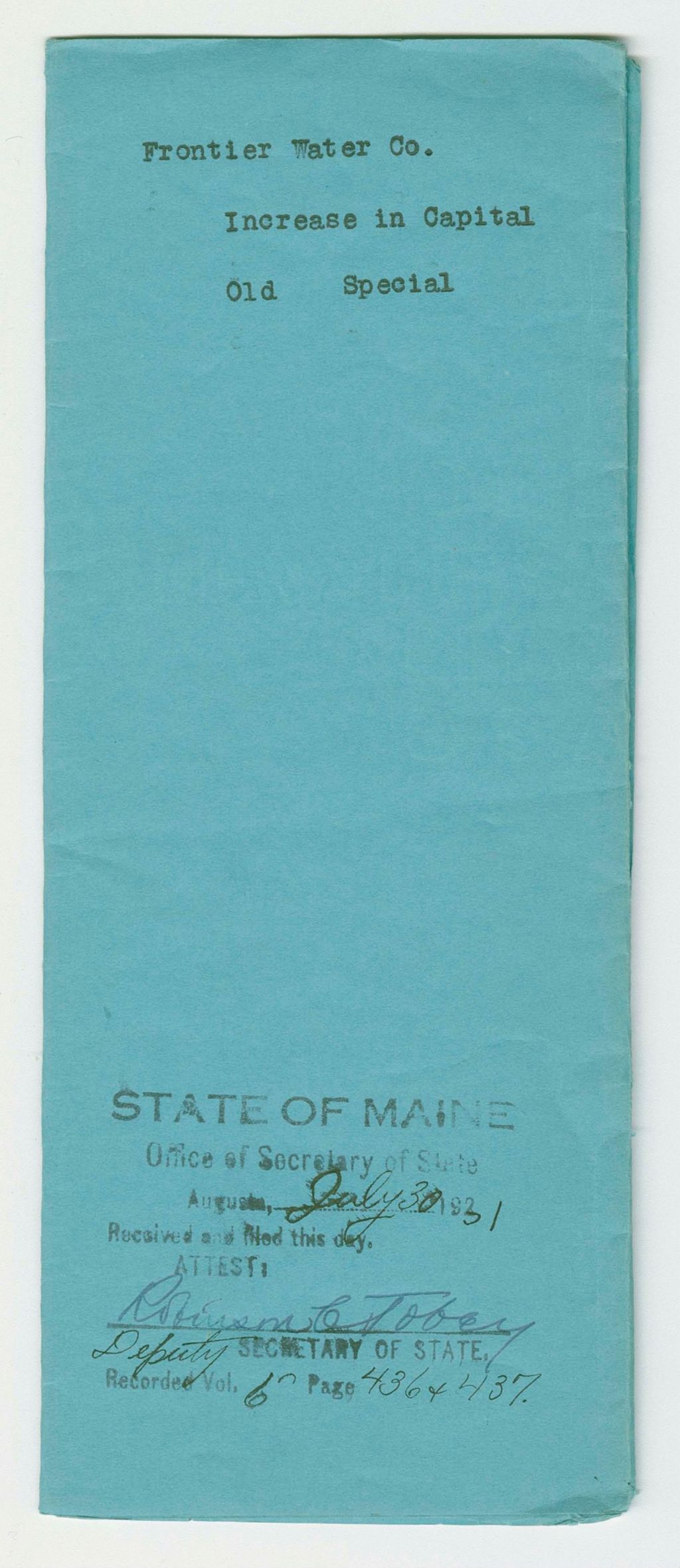 Miniature of Increase of Capital Stock of Frontier Water Company