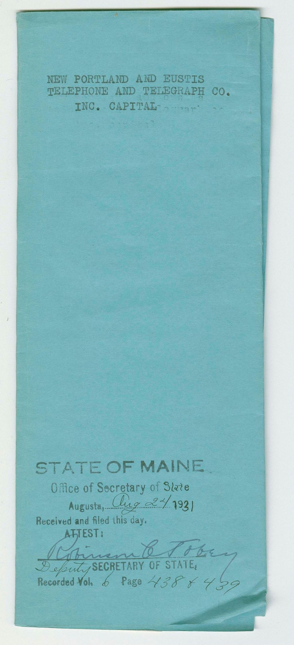 Miniature of Increase of Capital Stock of New Portland and Eustis Telephone and Telegraph Company