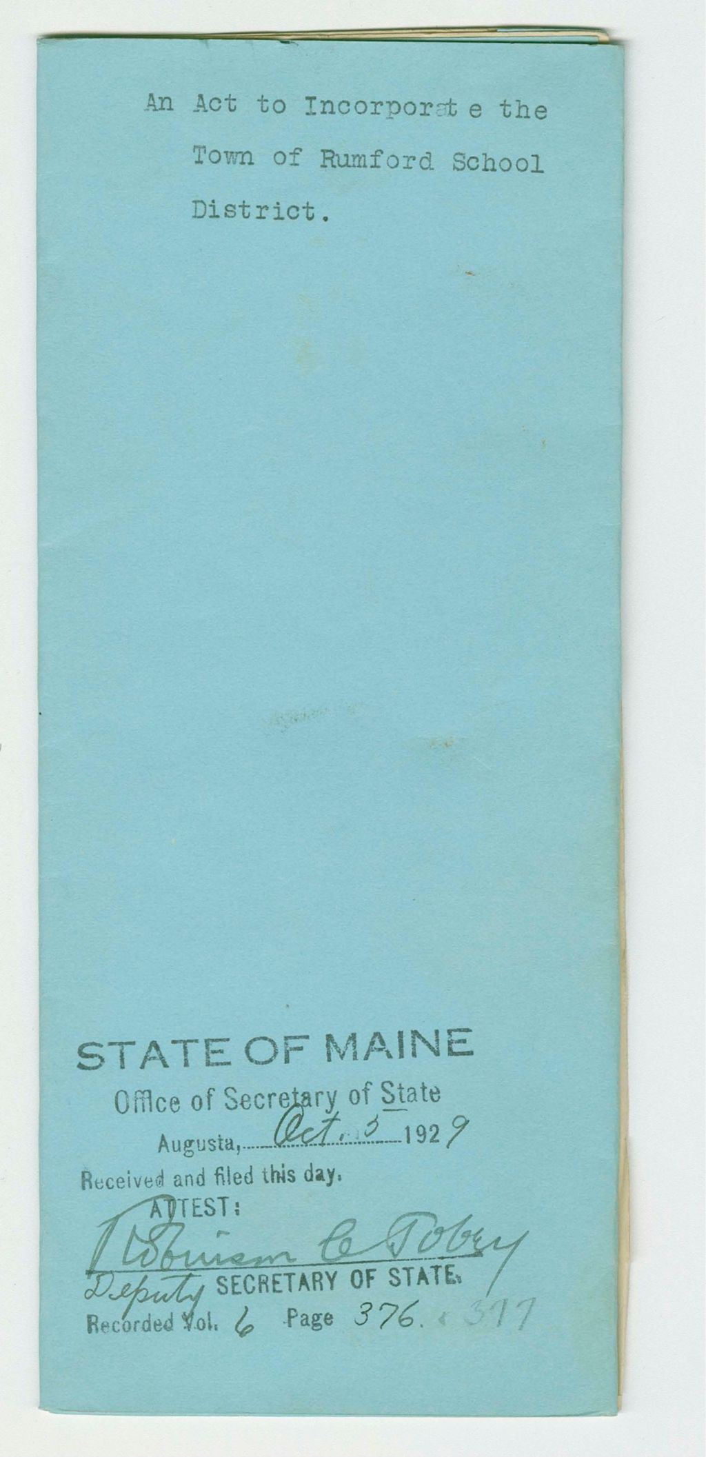 Miniature of An Act to Incorporate the Town of Rumford School District
