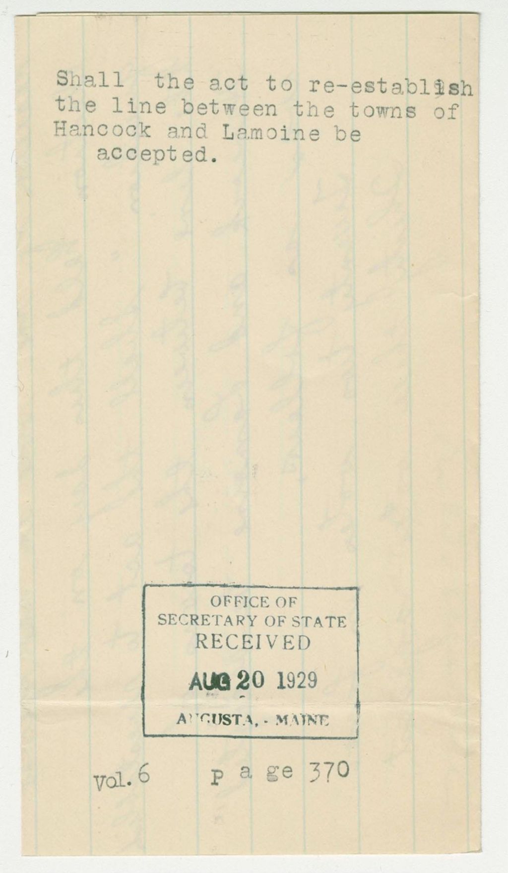 Miniature of Shall the act to re-establish the line between the towns of Hancock and Lamoine be accepted