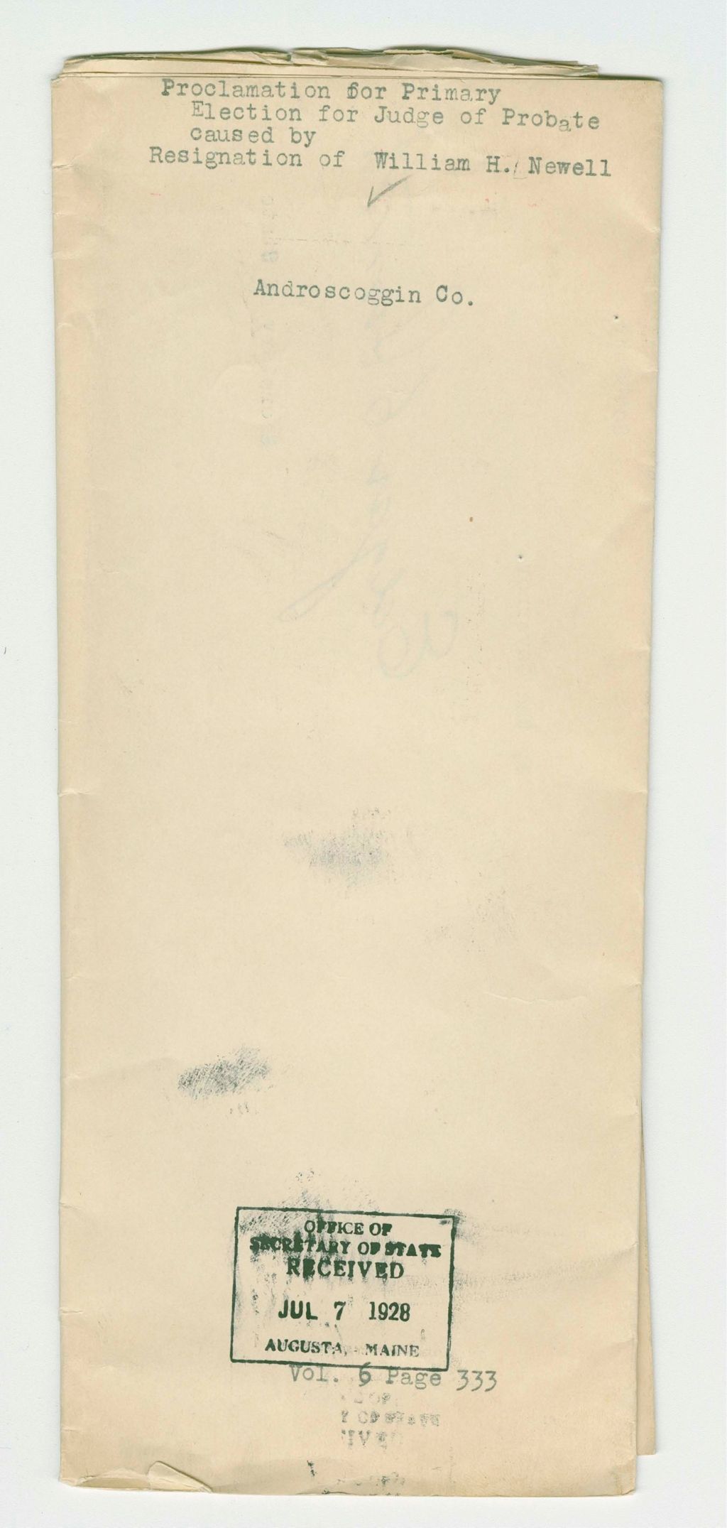 Miniature of Proclamation for Primary Election for Judge of Probate caused by Resignation of William H. Newell